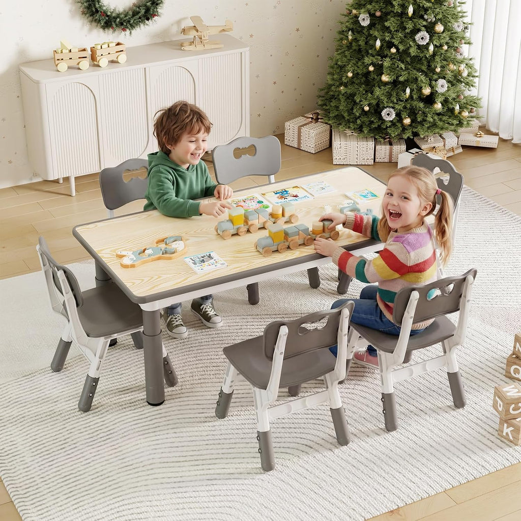Garvee Kids Table and 6 Chair Set,47 in Modern Height Adjustable Toddler Table and 6 Chairs Set with Non-Slip Desk Legs& Organizer Graffiti Desktop,Preschool Activity Art Craft Tables for 6（Gray