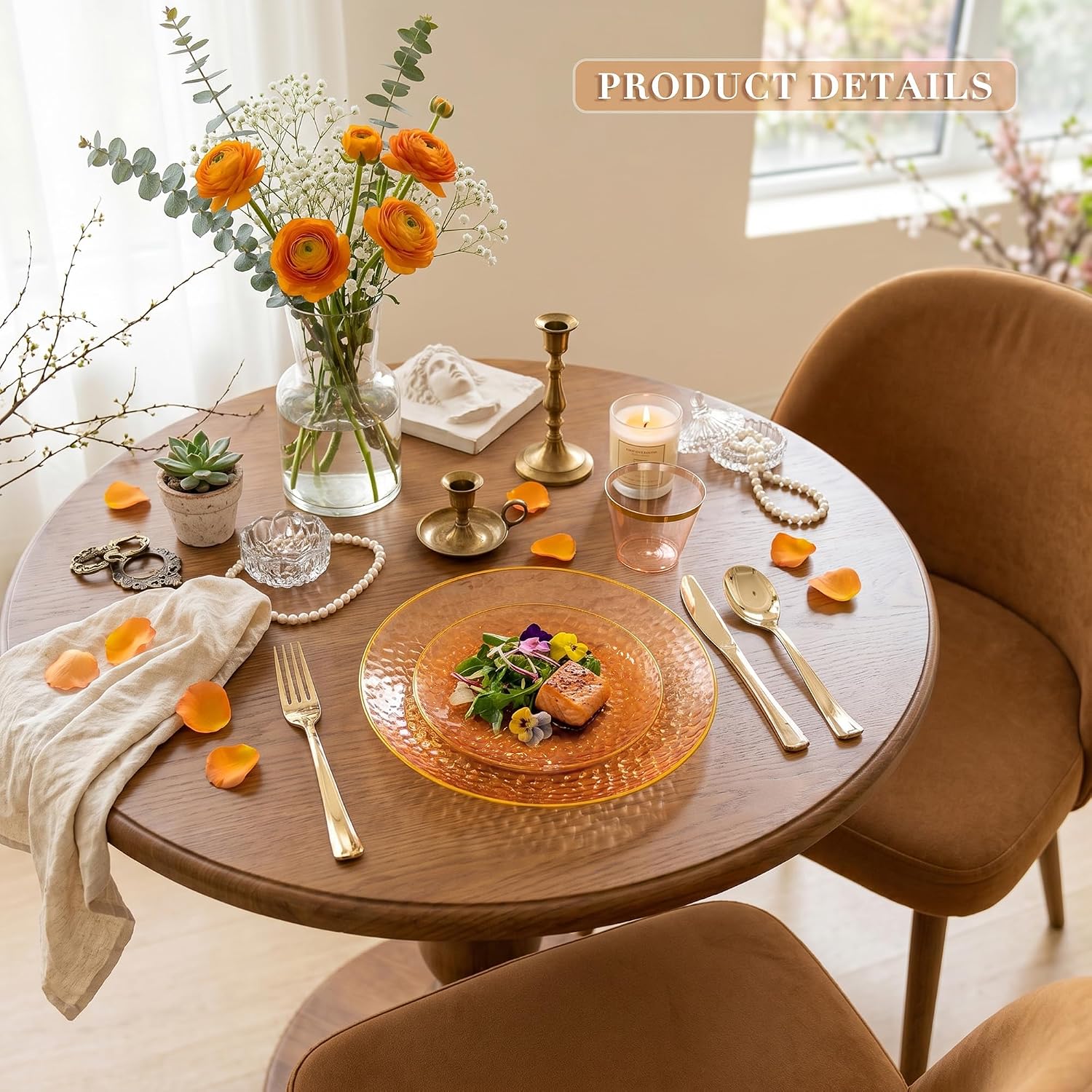 Rubtlamp 700Pcs Amber Gold Plastic Dinnerware Set, Hammered Clear Gold Plates, Fancy Plastic Plates Include 100 Dinner Platos, 100 Salad Platos, 100 Cups,100 Pack Pre Rolled gold plastic Silverware