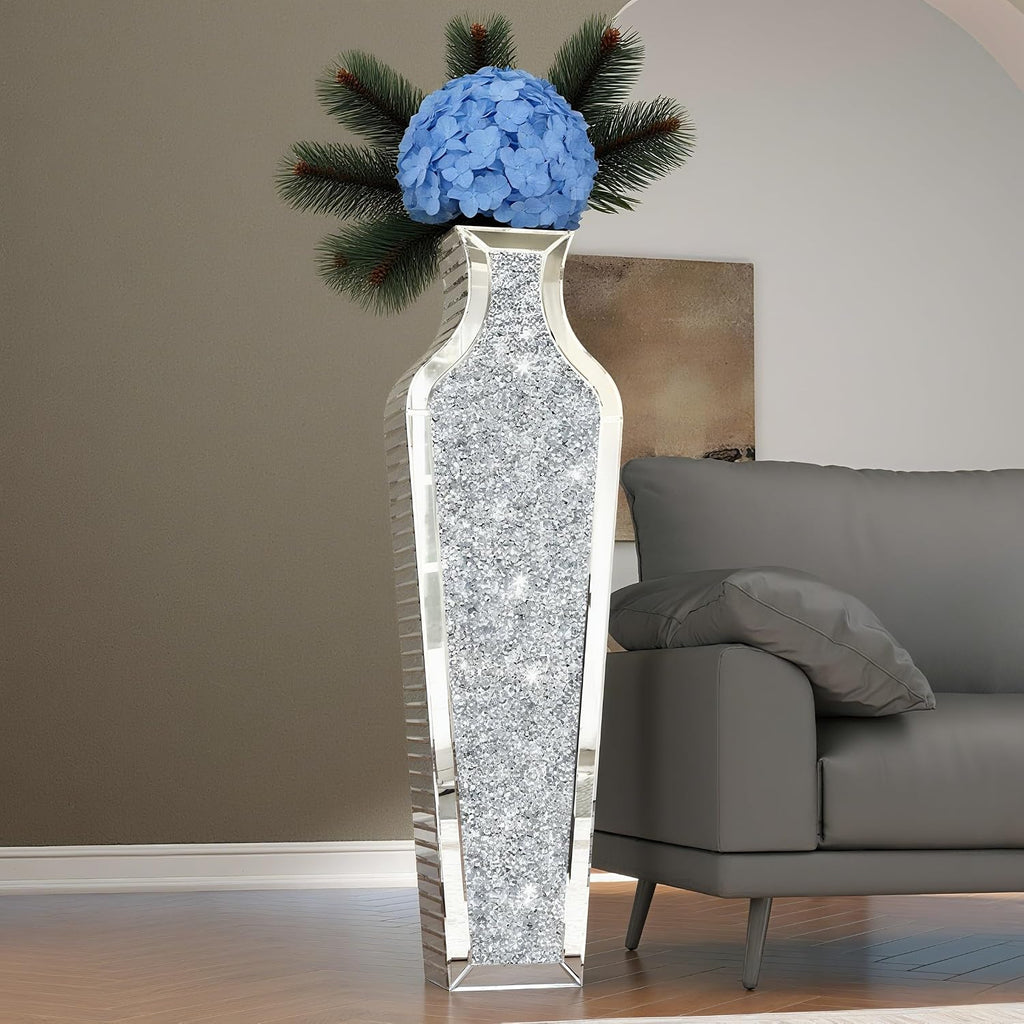 SHYFOY 43' Extra Large Floor Vase Oversized Crushed Diamond Mirrored Vase Silver Big Crystal Vases for Home Decor Living Room Floor
