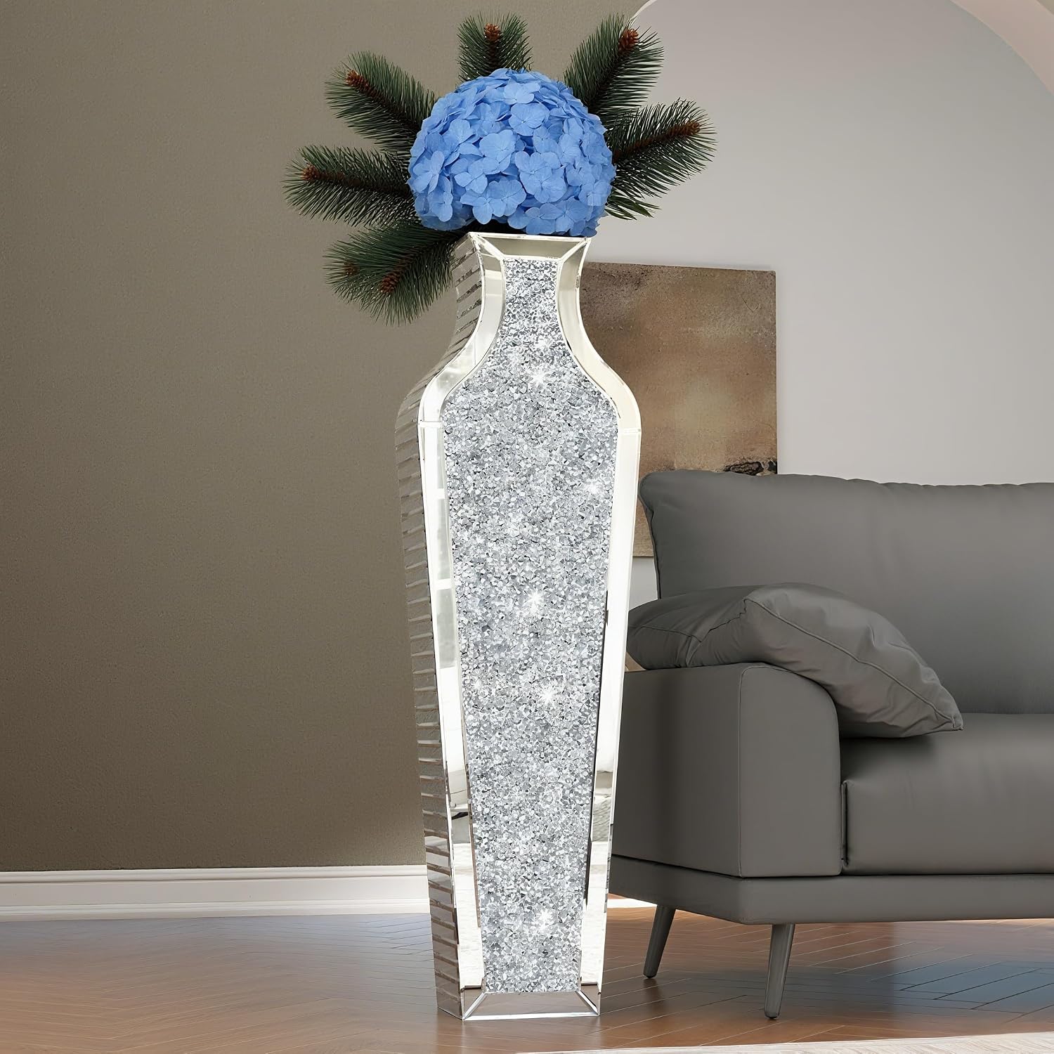 SHYFOY 43' Extra Large Floor Vase Oversized Crushed Diamond Mirrored Vase Silver Big Crystal Vases for Home Decor Living Room Floor