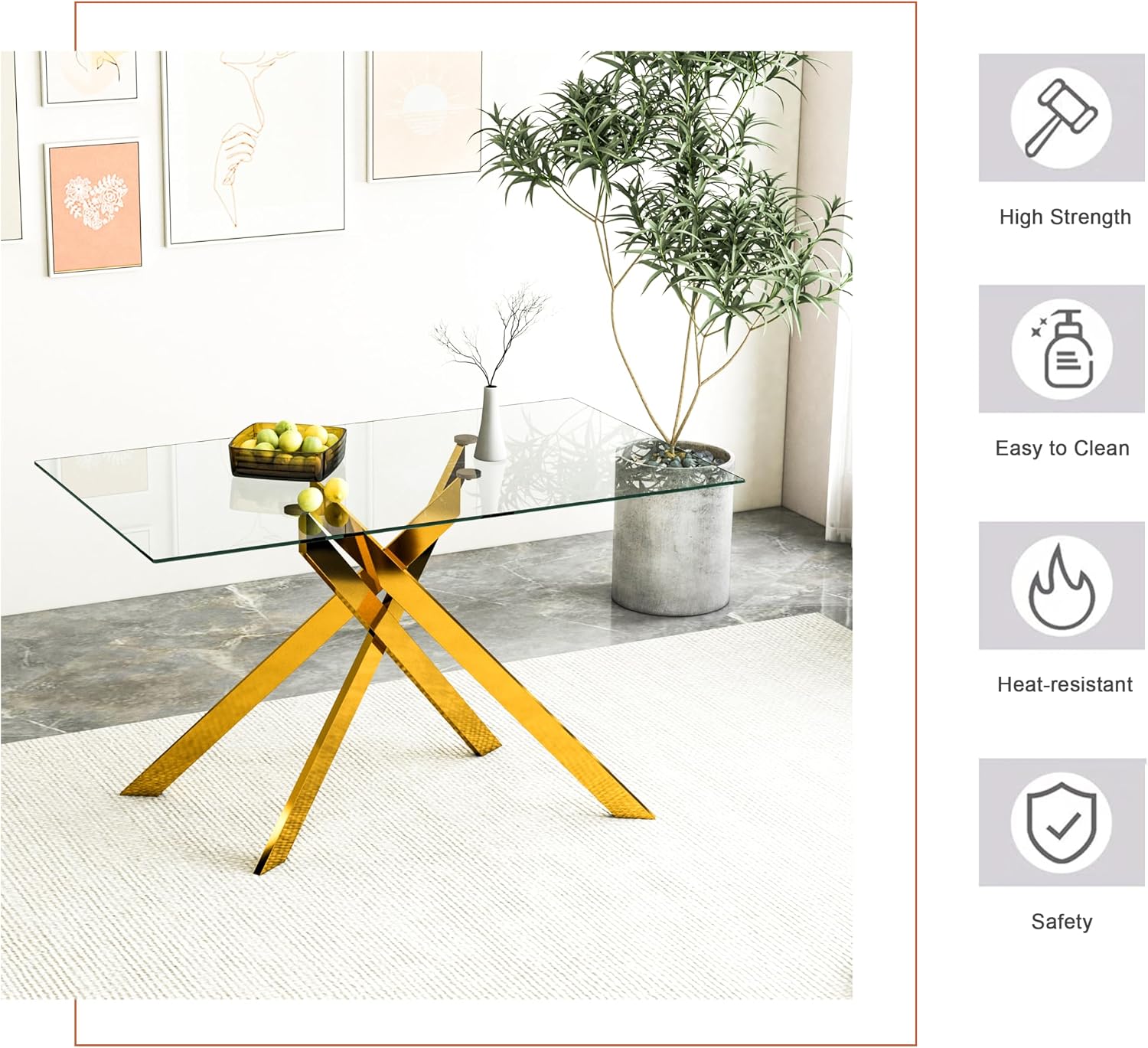 51.18' Rectangular Glass Dining Table, Tempered Glass Kitchen Tabe with Metal Legs, Stylish and Sturdy Dinner Table for Home and Outdoor Dining (Golden, 51.18'')