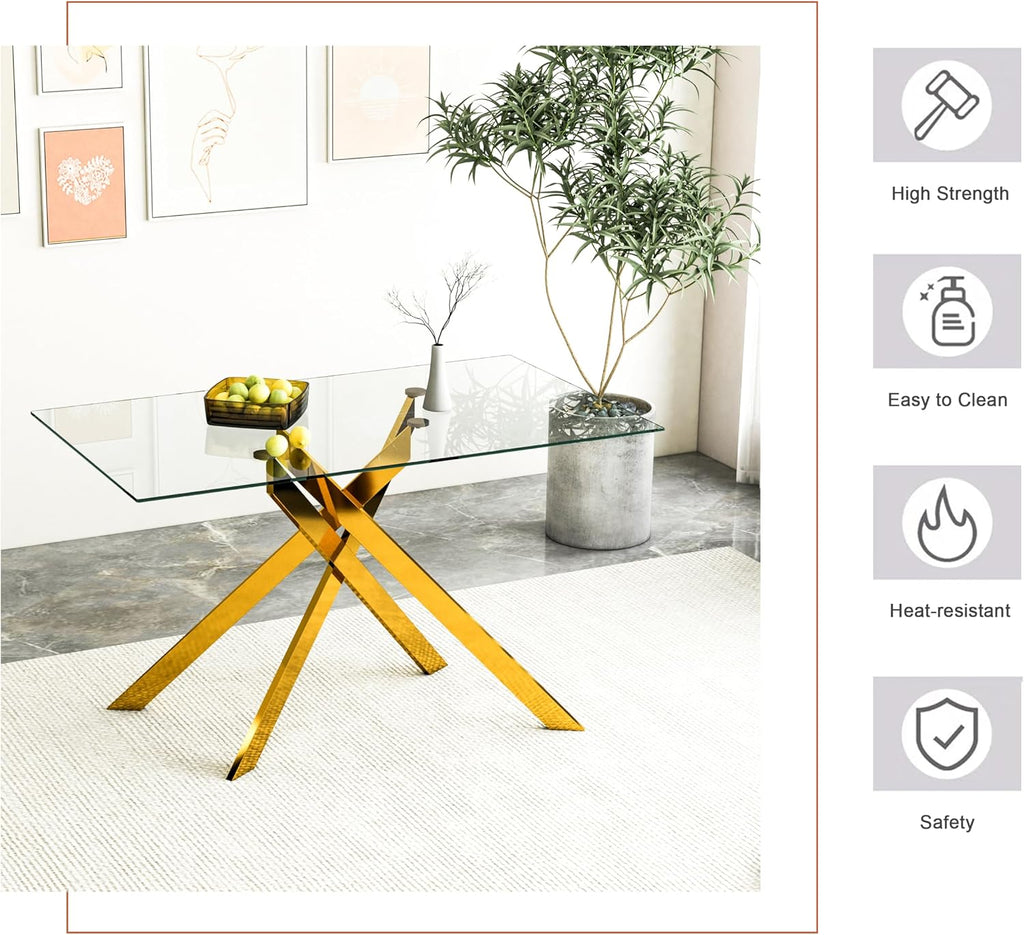 51.2' Glass Dining Table, Modern Kitchen Table for 4-6 People, Contemporary Rectangular Dining Room Dinner Tables with Clear Glass Top & Gold Metal X Legs for Kitchen Apartment