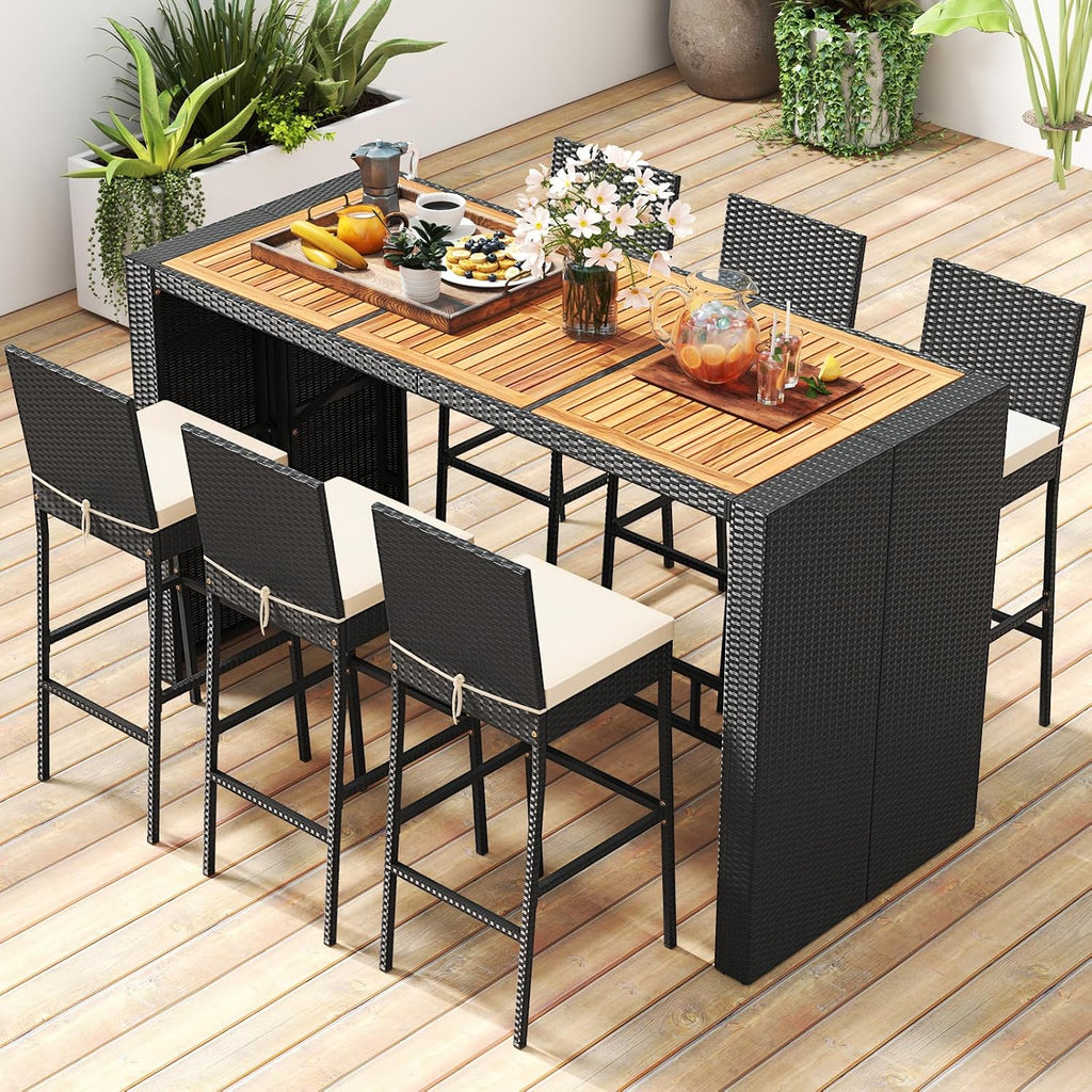 Tangkula 7 Piece Patio Wicker Bar Set, Patiojoy Outdoor Acacia Wood Bar Height Table & 6 Rattan Bar Stool Chairs with Backrest and Footrest, for Bistro Garden Balcony
