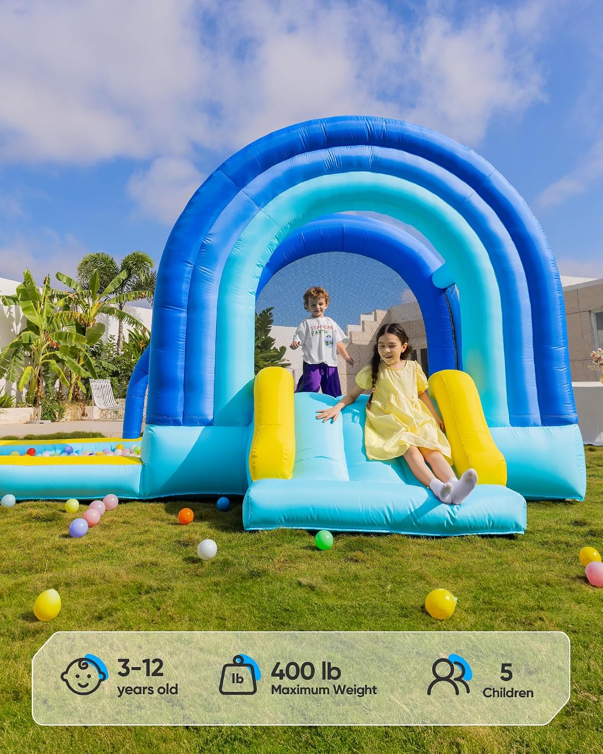 Outfunny Bounce House with Slide, Inflatable Bouncy House for Kids 3-12 w/Ball Pit, Outdoor & Indoor, Bounce Area 8'x8', Capacity 400 lb - Blue