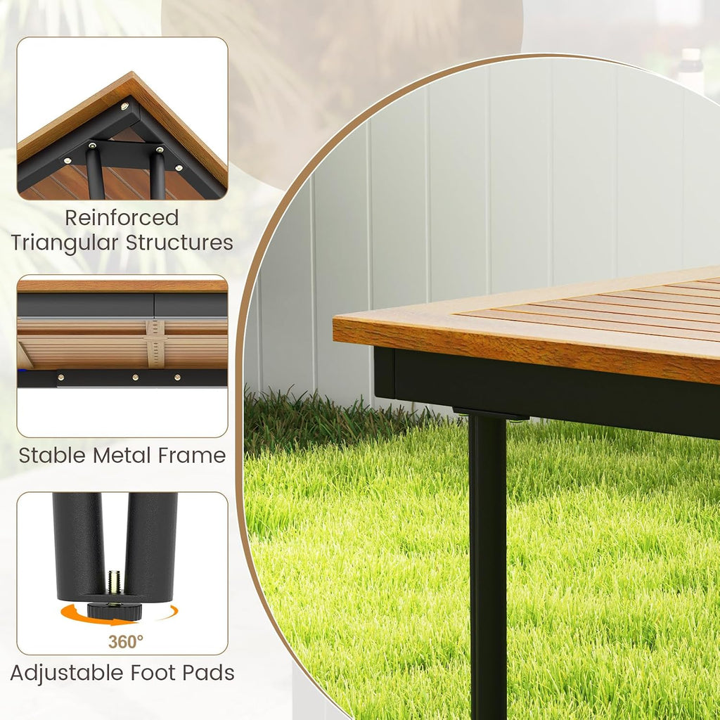 HAPPYGRILL Patio Dining Table for 8, 79' Rectangle Table with Acacia Wood Tabletop & Heavy Duty Metal Frame, Outdoor Dining Table with 2' Umbrella Hole for Backyard, Lawn & Garden