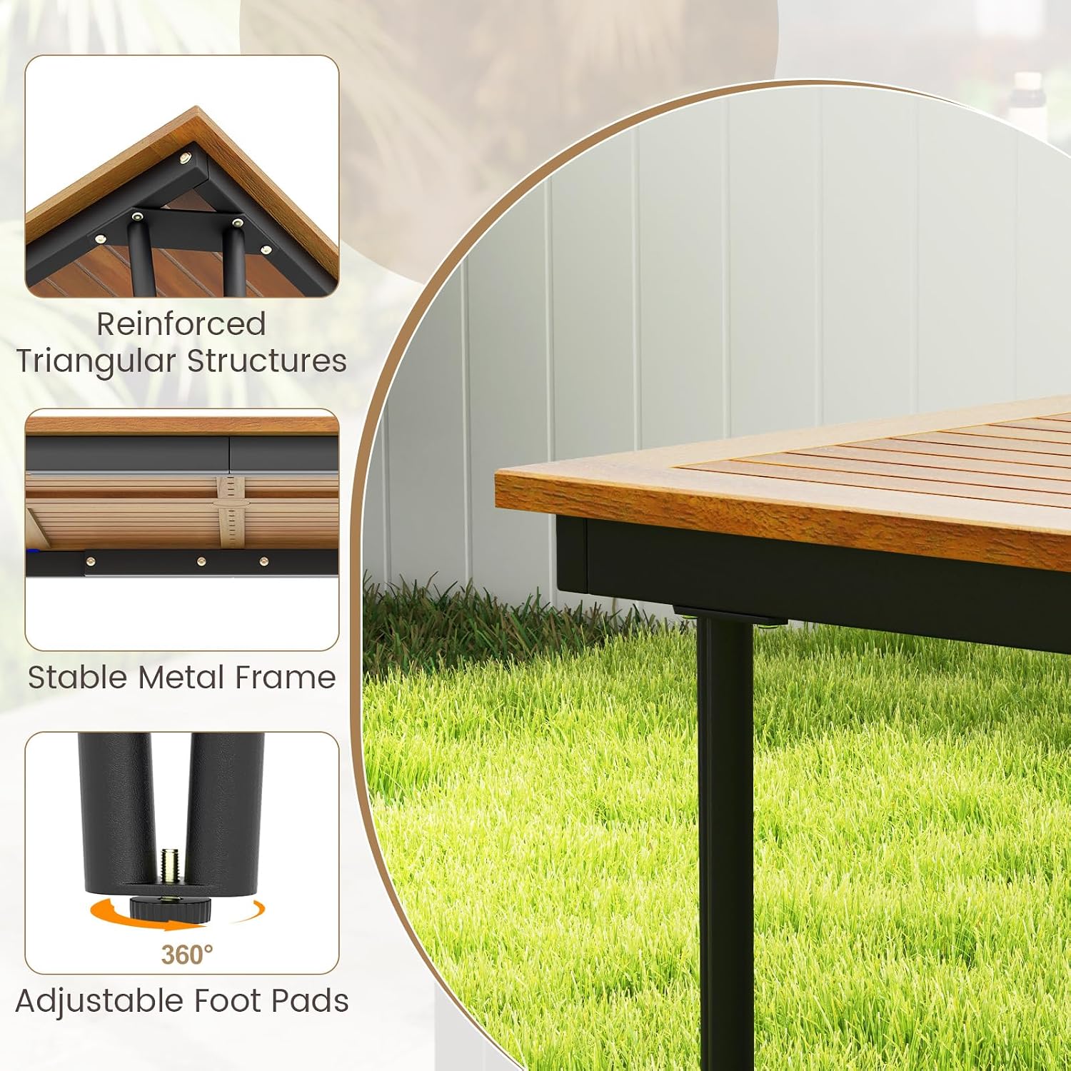 HAPPYGRILL Patio Dining Table for 8, 79' Rectangle Table with Acacia Wood Tabletop & Heavy Duty Metal Frame, Outdoor Dining Table with 2' Umbrella Hole for Backyard, Lawn & Garden
