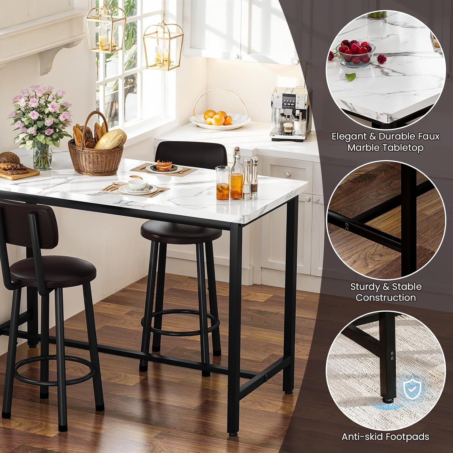 Recaceik 3 Piece Bar Table with Stools Set for 2, Modern Faux Marble High Top Small Dining Table and Chairs, Pub Bistro Set for Dining Room, Kitchen, Breakfast Nook, Small Space, Apartment