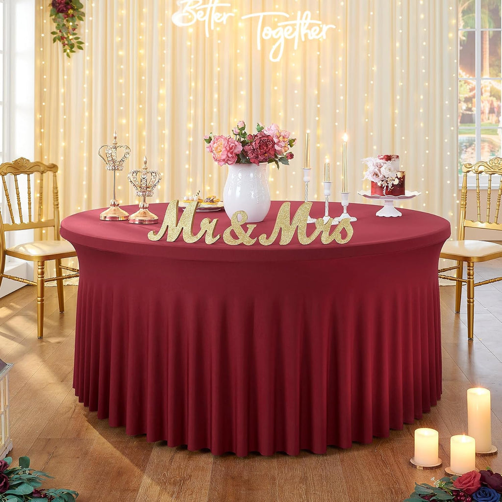 8 Pack Burgundy Round Spandex Tablecloth for 72 inch Table, Stretchy 132inch Fitted 6FT Round Table Cloths Maroon, Wrinkle Free Table Cover with Skirt for Wedding Birthday Christmas Party Banquet
