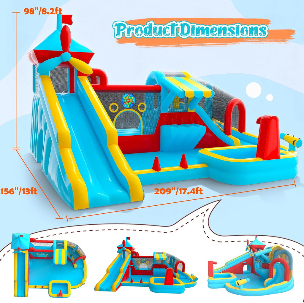 Water Bounce House for Big Kids 8-12, Double Water Slide Bounce House with 750W Blower, Toy Stand, Climbing Wall, Jumping, Water Gun, Splash Pool, Basketball Hoop for Indoor Outdoor Backyard