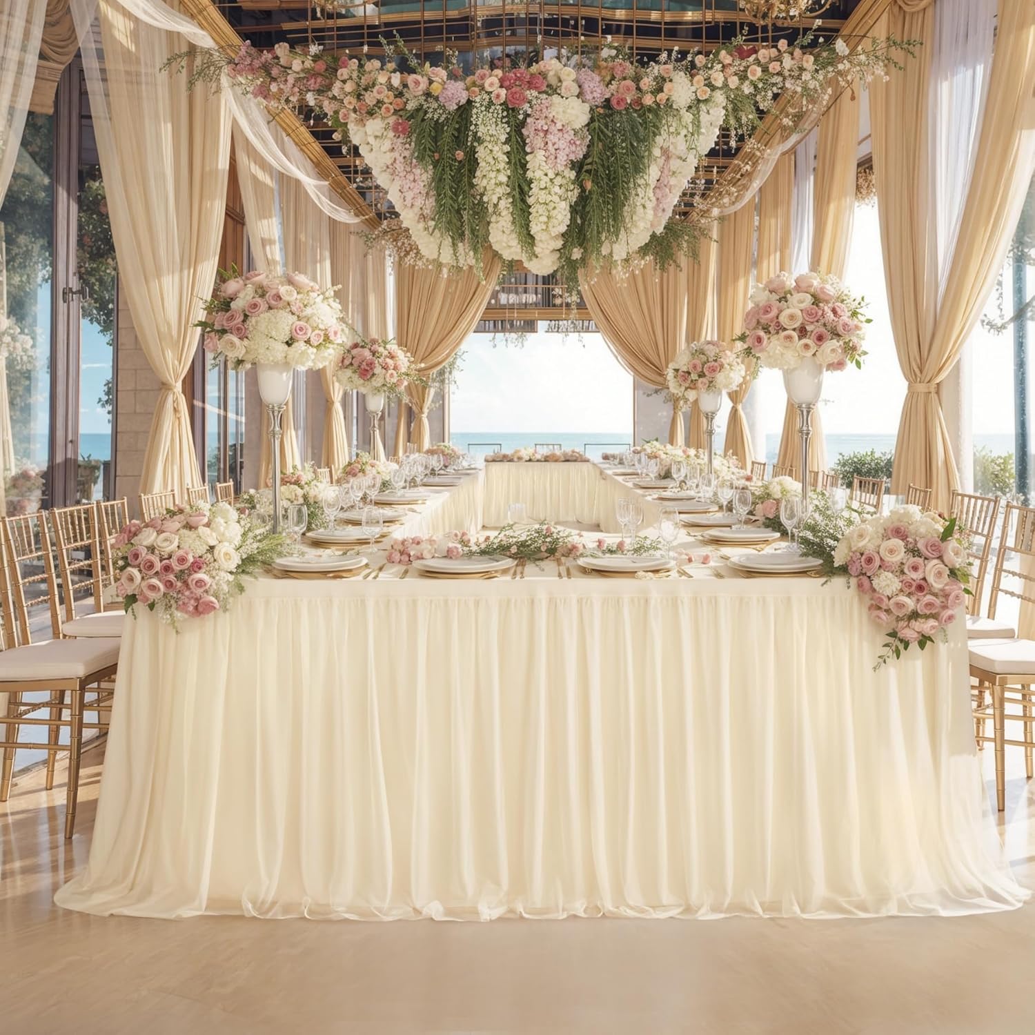 Champagne Table Cloths for 6 Foot Rectangle Tables, Tulle Table Skirt for Rectangle Table 6 ft Fitted Table Cover Desk Skirt Birthday Party Wedding Banquet Tablecloth Elastic Stretch Ruffle Tablecloth