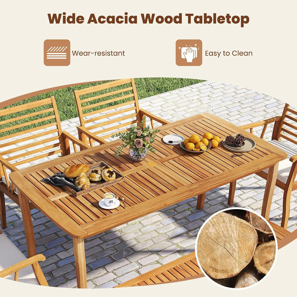 HAPPYGRILL Outdoor Acacia Wood Dining Table for 4-6 People, Patio Furniture Table with Umbrella Hole & Cover, 63' Slatted Tabletop, for Backyard, Patio, Deck, Porch