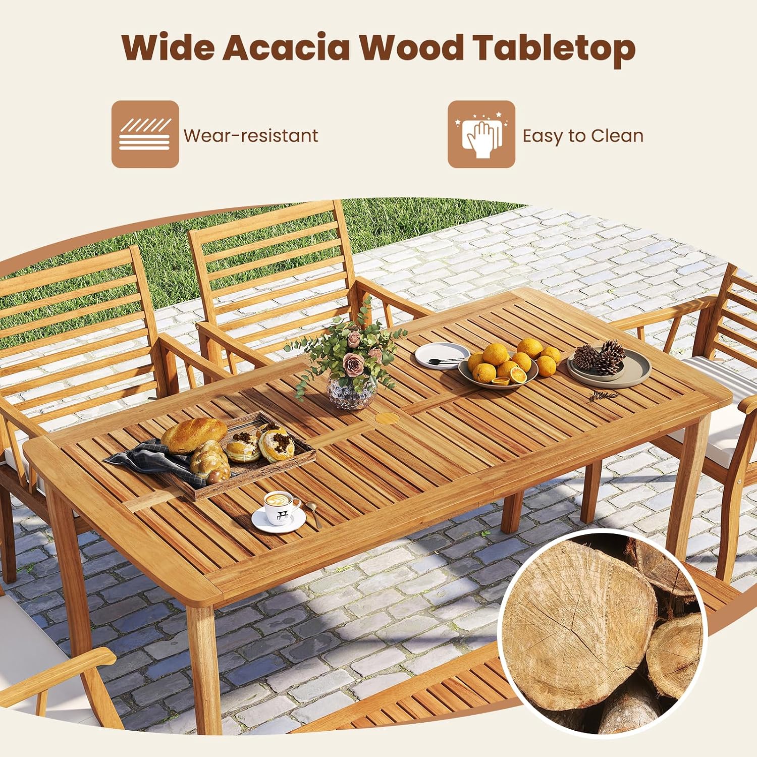 HAPPYGRILL Outdoor Acacia Wood Dining Table for 4-6 People, Patio Furniture Table with Umbrella Hole & Cover, 63' Slatted Tabletop, for Backyard, Patio, Deck, Porch