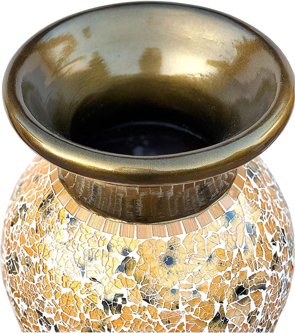 Floor Vase, 18 Inch Mosaic Vase – Tall Cylinder Made of Brass with Dandelion and White Glass Mosaic Pieces – Handcrafted Decorative Home Décor Accent Piece for Bedroom, Living Room, Office