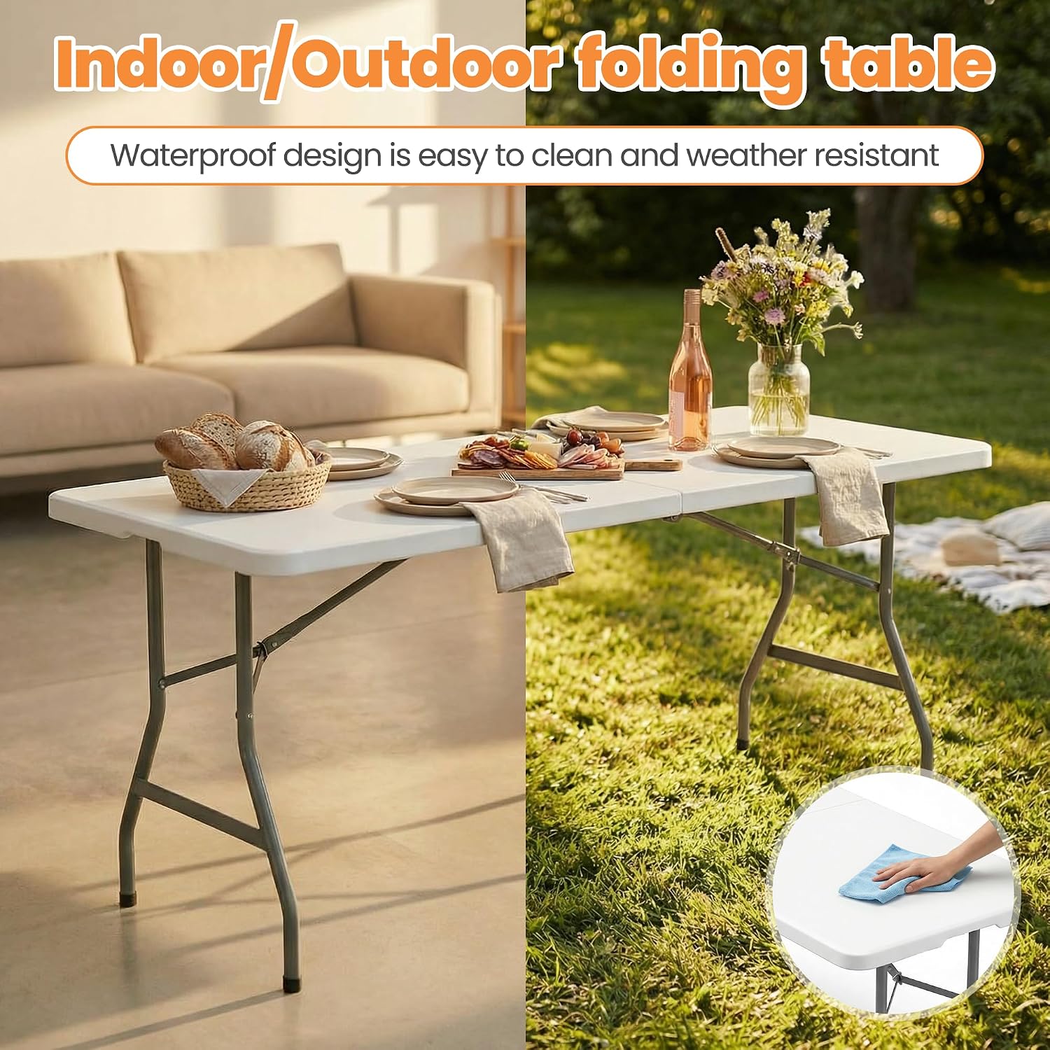 5 Pack Folding Table 6FT Heavy Duty Foldable Table Fold-in-Half Design Portable Collapsible White Plastic Tables for Office, Wedding, Banquet, Commercial Event, Party, Outdoor & Indoor Use