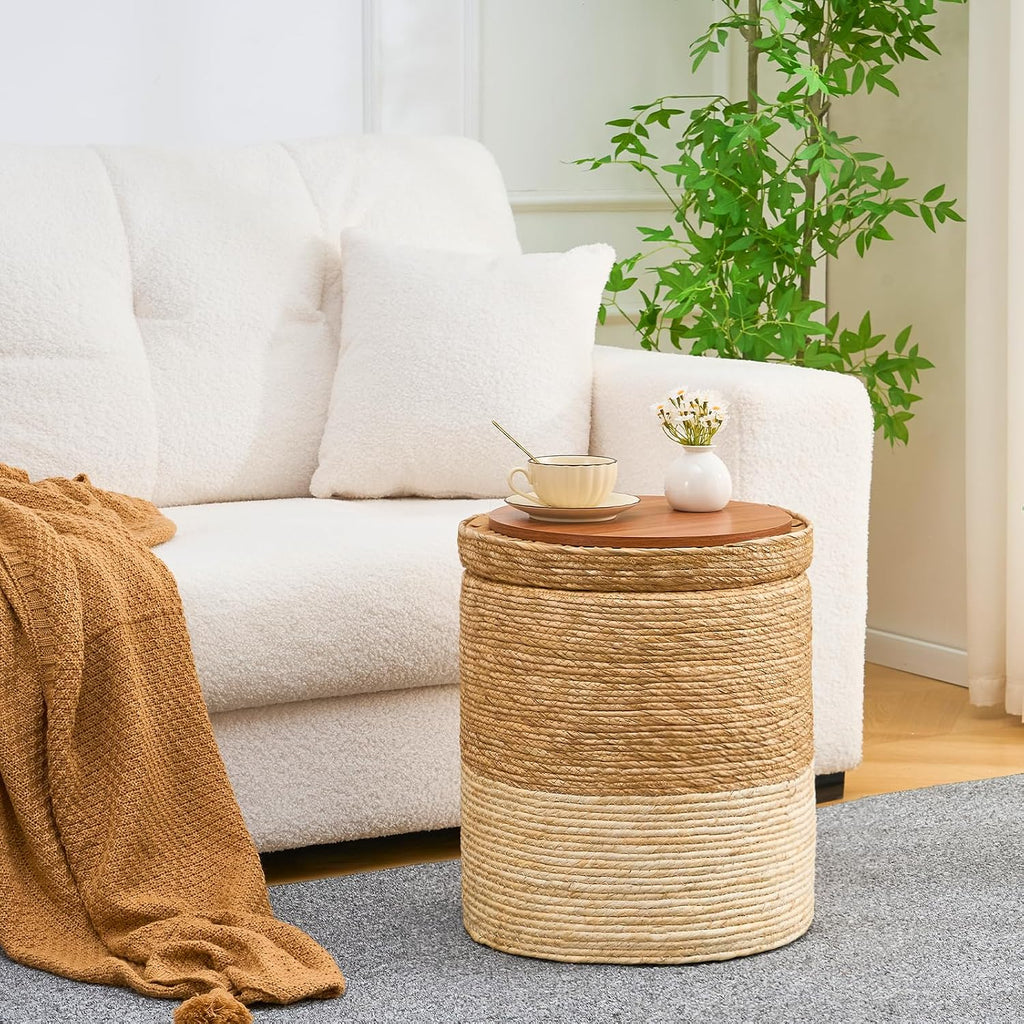 Wimarsbon Round Pouf Ottomans, Handwoven Natural Water Hyacinth Seagrass Pouffe,Outdoor Rattan Stool Accent Seat, Bohemian Coastal Home Decor (Cattail Nested Set-White)