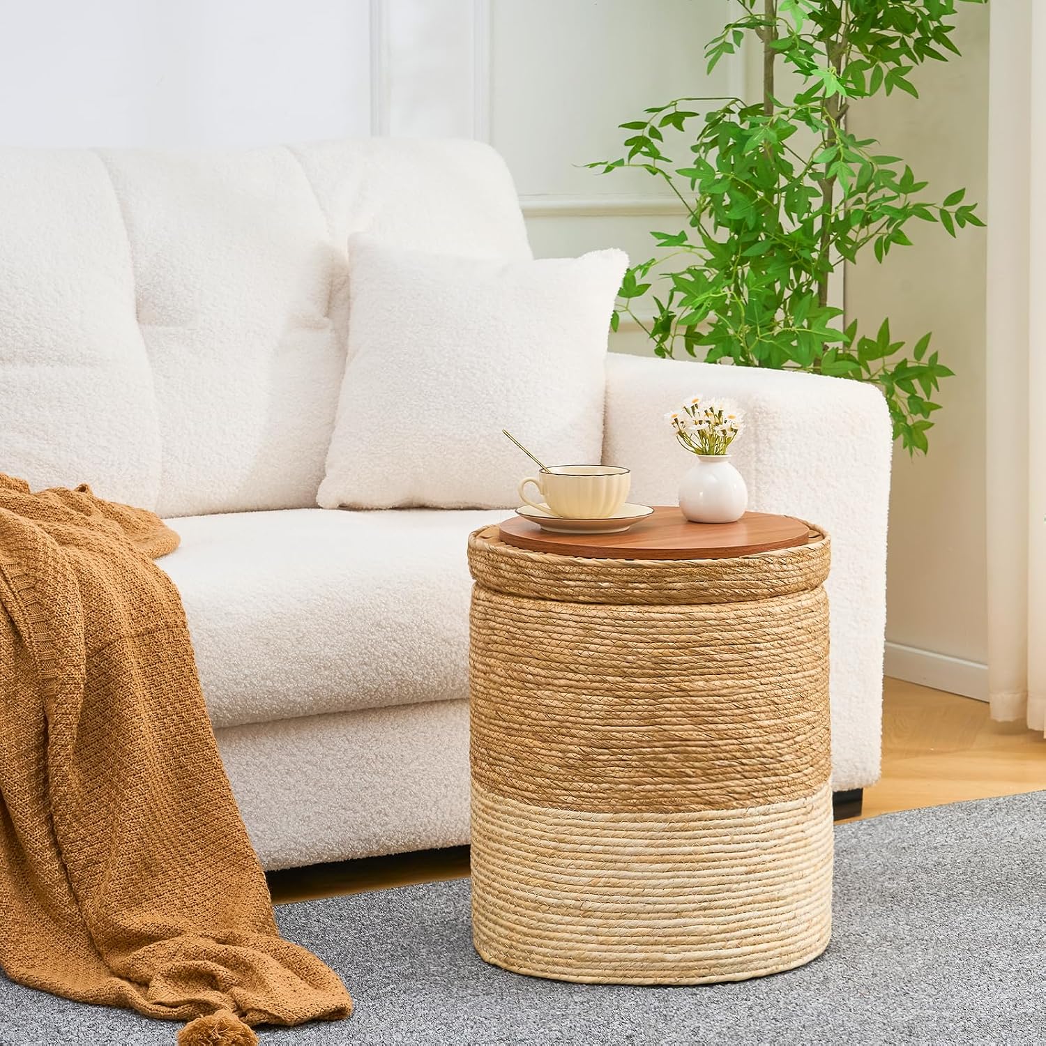 Wimarsbon Round Pouf Ottomans, Handwoven Natural Water Hyacinth Seagrass Pouffe,Outdoor Rattan Stool Accent Seat, Bohemian Coastal Home Decor (Cattail Nested Set-White)