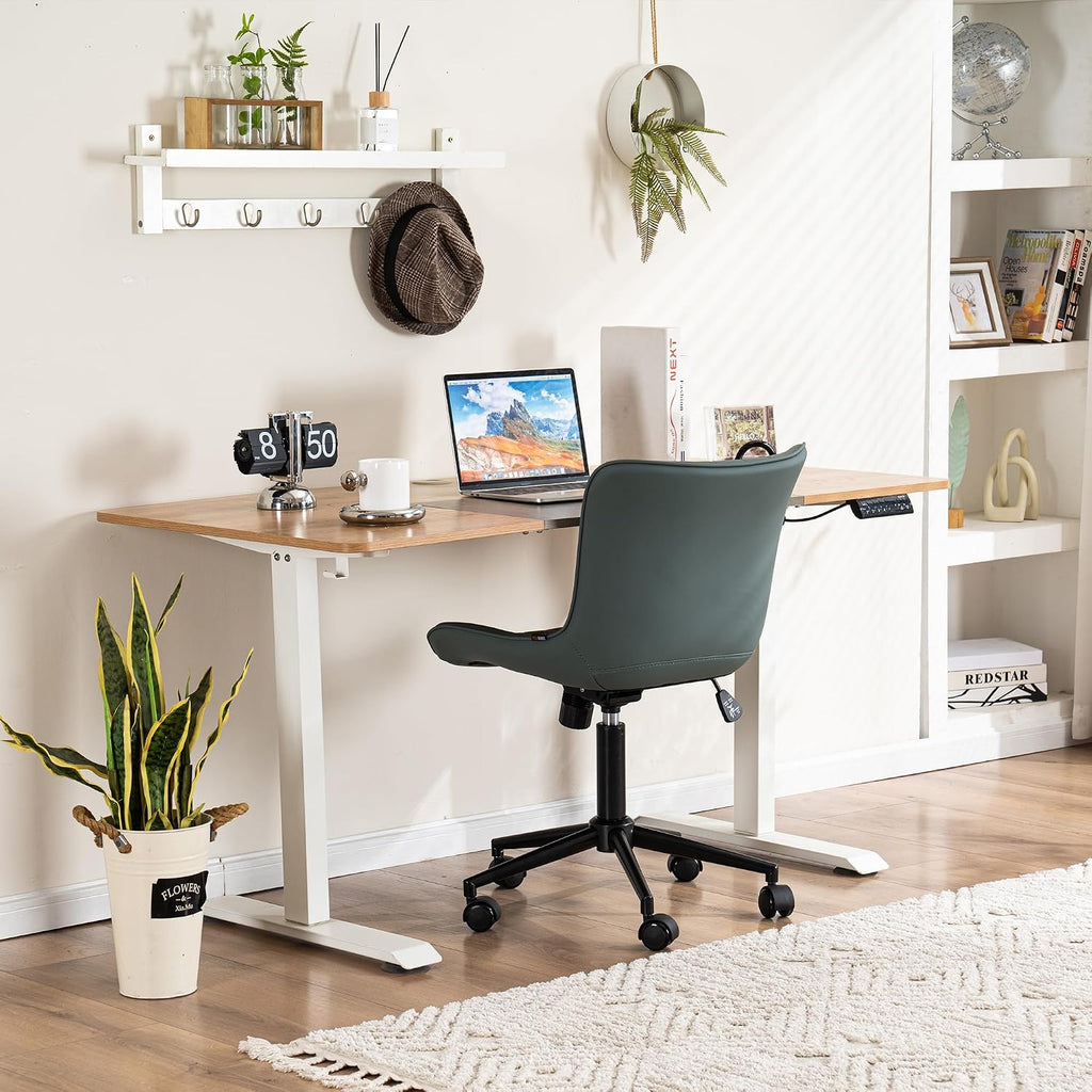 YOUNIKE Ergonomic Armless Office Chair Faux Leather Small Cute Desk Chair with 12° Rocking Back Adjustable Height Swivel Vanity Chair Compact Computer Rolling Task Chair for Small Spaces Greyish Green