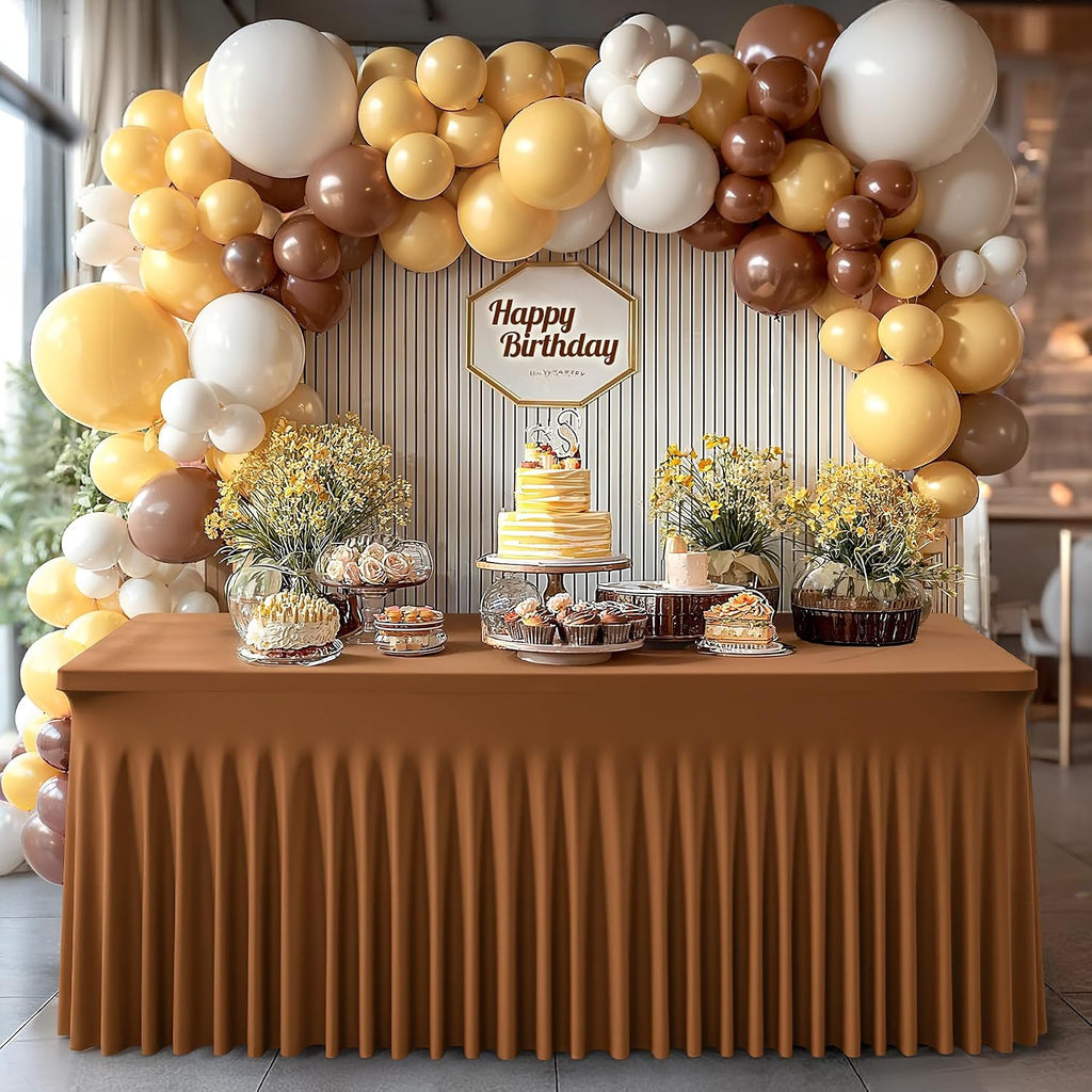 6 Packs Brown Spandex Tableclothes for 8 Foot Rectangle Tables, Wrinkle Free 8ft Fitted Table Cover Stretch Table Cloth Desk Skirt for Weddings Baby Shower Birthday Party Banquet Decorations