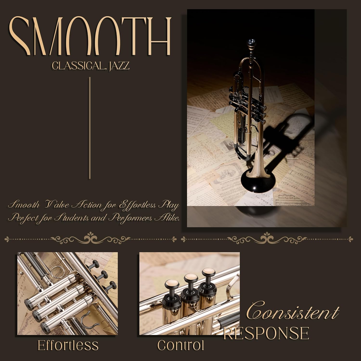 AKLOT Hand-Hammered Bell Bb Trumpet: Smooth Valve Action, Clear-Lacquered Brass Body, Standard Trumpet Beginner Set with Leather Case, Lesson Book, Trumpet Mute, Mouthpiece, Cleaning Kit (SNR-BrzBS)