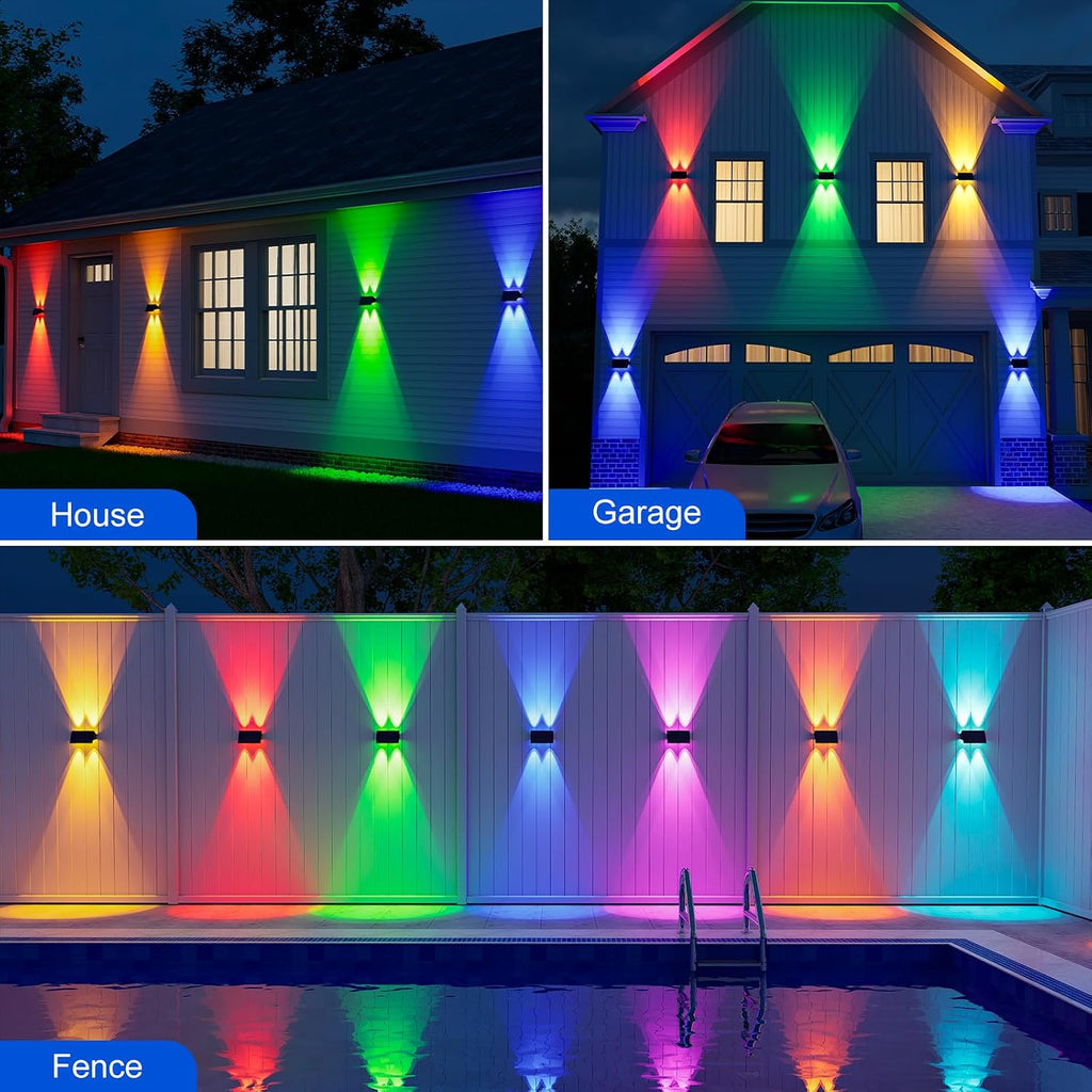 12 Pack RGB Solar Up and Down Wall Lights Outdoor Decorative Fence LED Waterproof Lamps for Deck, Patio, Porch, House, Garden, Pool Cage, Dynamic Color Changing Lights for Festive Atmosphere Building