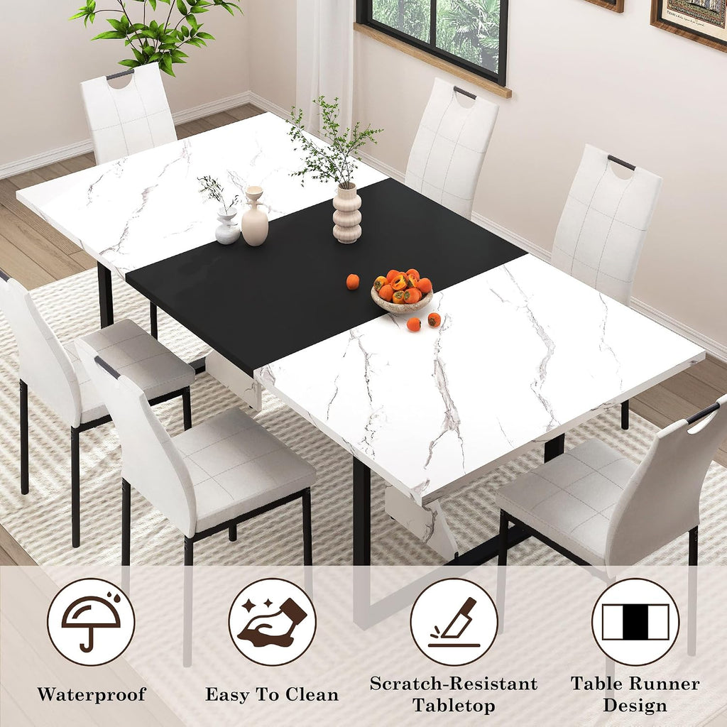 70 Inch Rectangular Dining Table for 4 5 6 People,Kitchen Dinner Table W/Marble-Color Wood Waterpoof Tabletop,Family 6 FT Dining Tables w/Adjustable Leg for Office Home Living Dining Room(White)