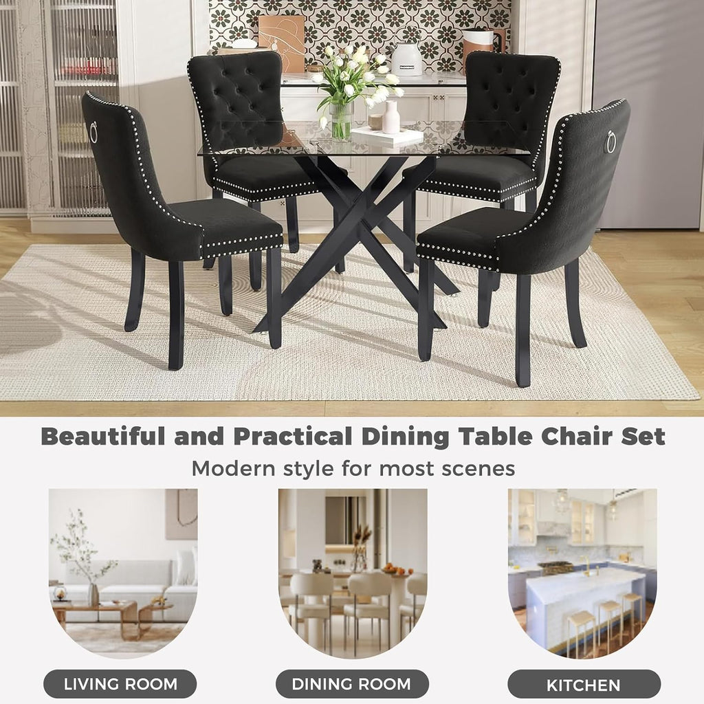 51 Inch Glass Dining Table Set for 4, Rectangular Glass Kitchen Table with 4 Upholstered Velvet Accent Chairs, 5 Piece Modern Dining Room Set, for Home, Apartment, Small Spaces - Black Black