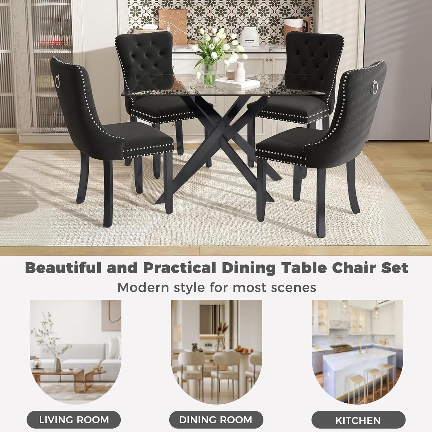 51 Inch Glass Dining Table Set for 4, Rectangular Glass Kitchen Table with 4 Upholstered Velvet Accent Chairs, 5 Piece Modern Dining Room Set, for Home, Apartment, Small Spaces - Black Black