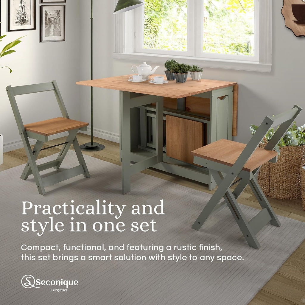 SECONIQUE Santos Butterfly Folding Dining Table Set with 4 Chairs – Space-Saving Table with Nesting Chairs and Storage Shelf – Green & Distressed Pine Finish