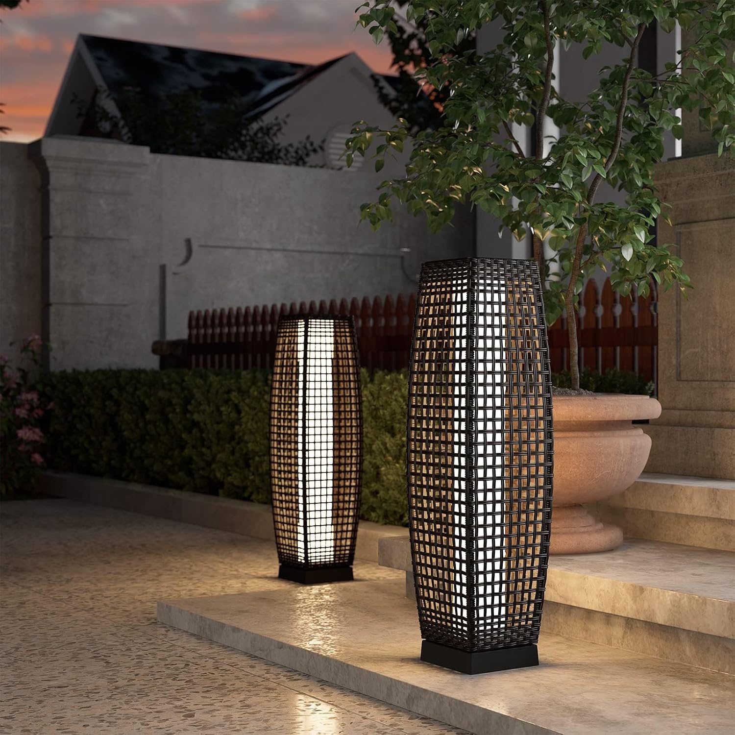 Grand patio 2-Piece Outdoor Floor Lamp Solar Powered Lantern Water-Resistant Wicker Deck Patio Light, Lamp Large-Sized for Garden or Porch-Large Fuji, Silver Gray