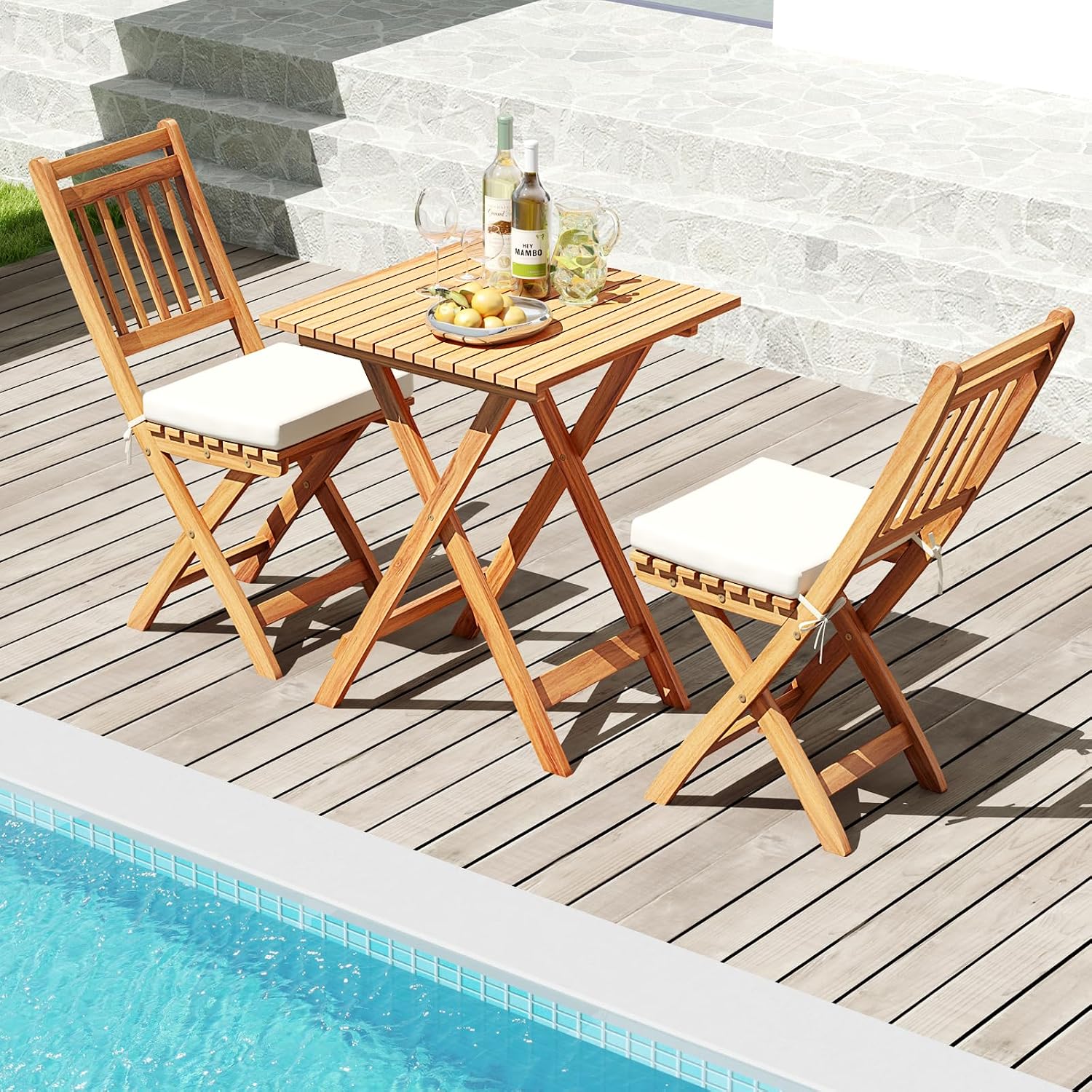 Tangkula Acacia Wood Patio Bistro Set of 3, Outdoor Folding Chair Table Set with Soft Seat Cushions, High Back Armless Chairs with Table, Patio Cushioned Dining Set for Backyard, Poolside (Off White)