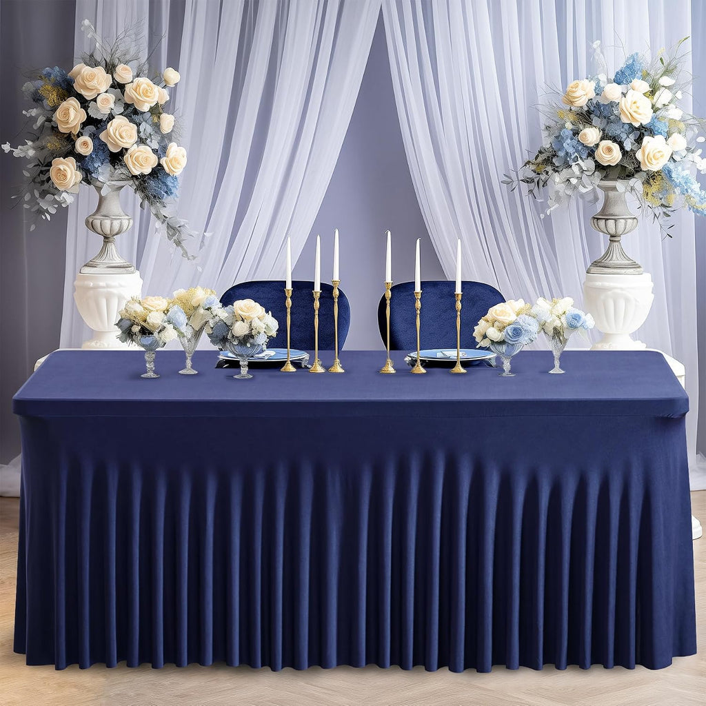 6 Pack Navy Blue Spandex Fitted Tablecloth 8 Foot - Stretch Table Clothes for 8 FT Rectangle Table, Washable Ruffles Elastic for Weddings, Buffet, Banquet, Trade Craft Show, Party Celebration