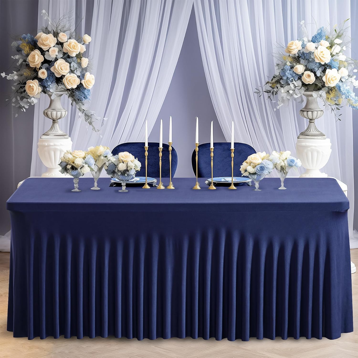 6 Pack Navy Blue Spandex Fitted Tablecloth 8 Foot - Stretch Table Clothes for 8 FT Rectangle Table, Washable Ruffles Elastic for Weddings, Buffet, Banquet, Trade Craft Show, Party Celebration
