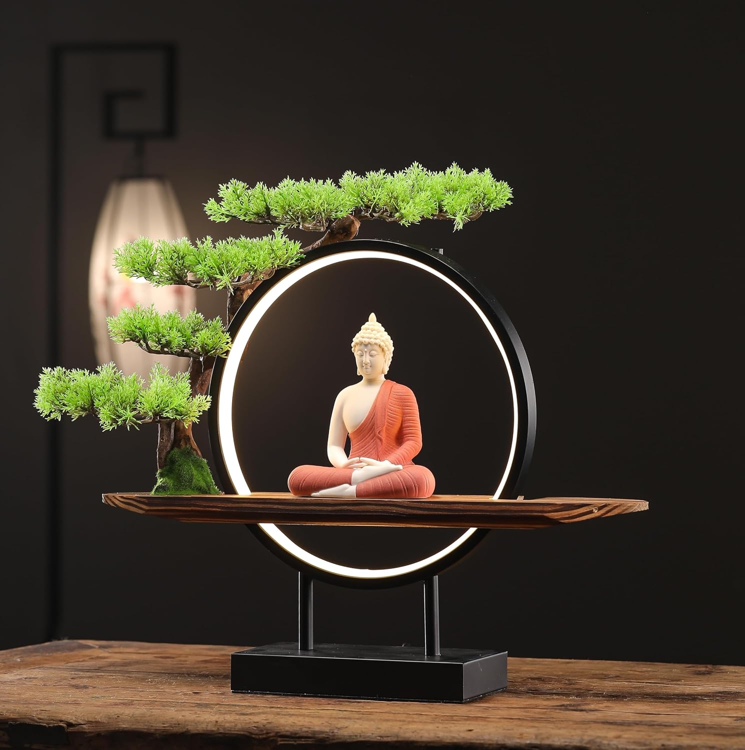 Houlu Red Buddha Statue with Green Artificial Tree and LED Circle Table Lamp, Indoor Ceramic Buddha Statues for Home Decor, 16.5 in