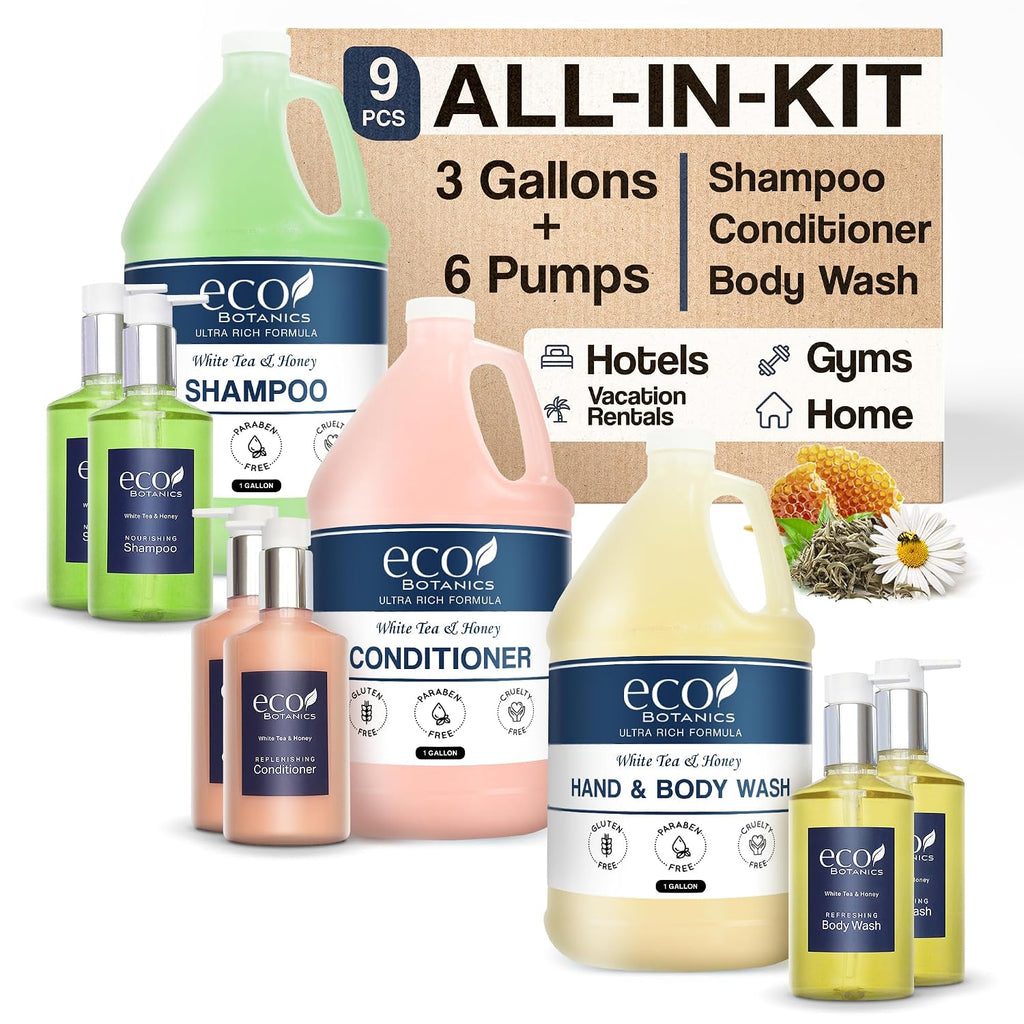Terra Pure | Eco Botanics Gallon & Dispenser Set | 1-Shoppe Hotel Amenities Kit | Shampoo, Conditioner, Body Wash Gallon | Refillable 10.14oz Matching Pump Bottles