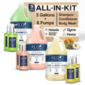 Terra Pure | Eco Botanics Gallon & Dispenser Set | 1-Shoppe Hotel Amenities Kit | Shampoo, Conditioner, Body Wash Gallon | Refillable 10.14oz Matching Pump Bottles