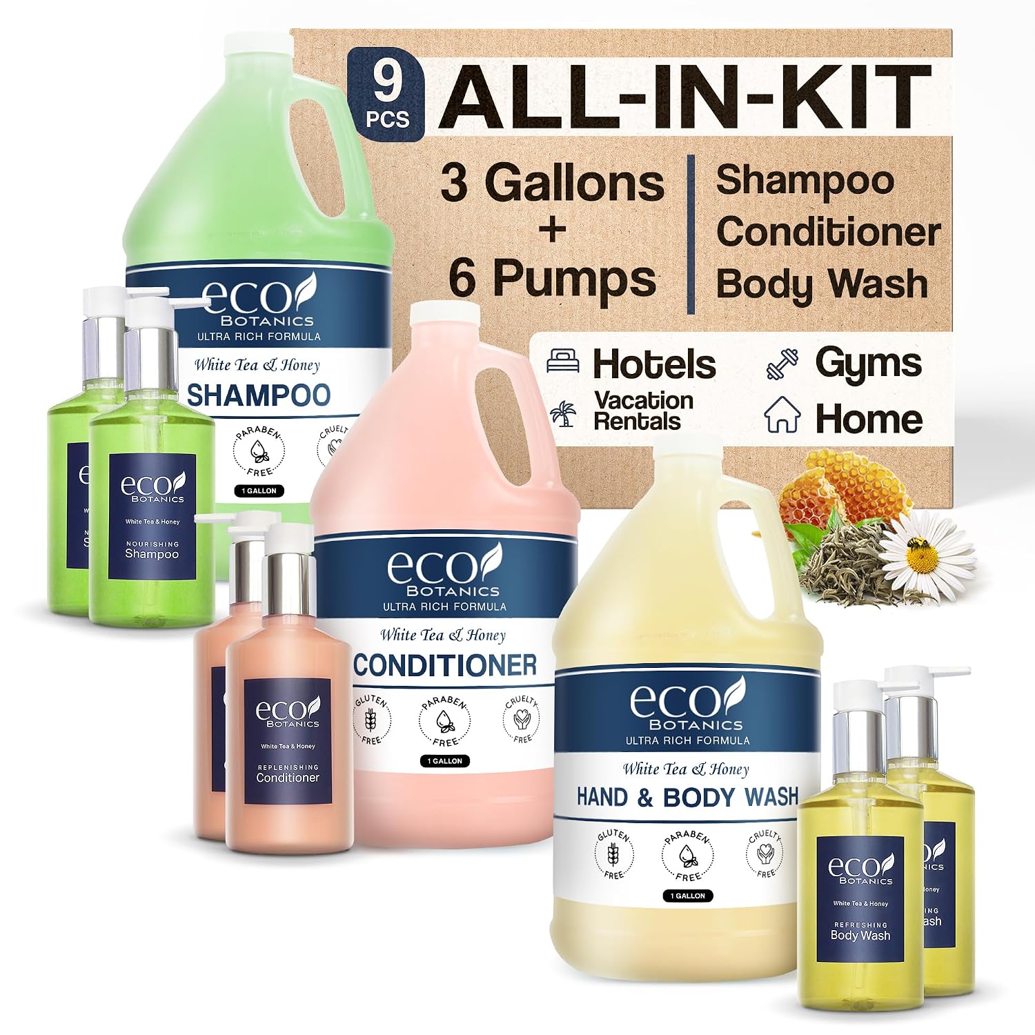 Terra Pure | Eco Botanics Gallon & Dispenser Set | 1-Shoppe Hotel Amenities Kit | Shampoo, Conditioner, Body Wash Gallon | Refillable 10.14oz Matching Pump Bottles
