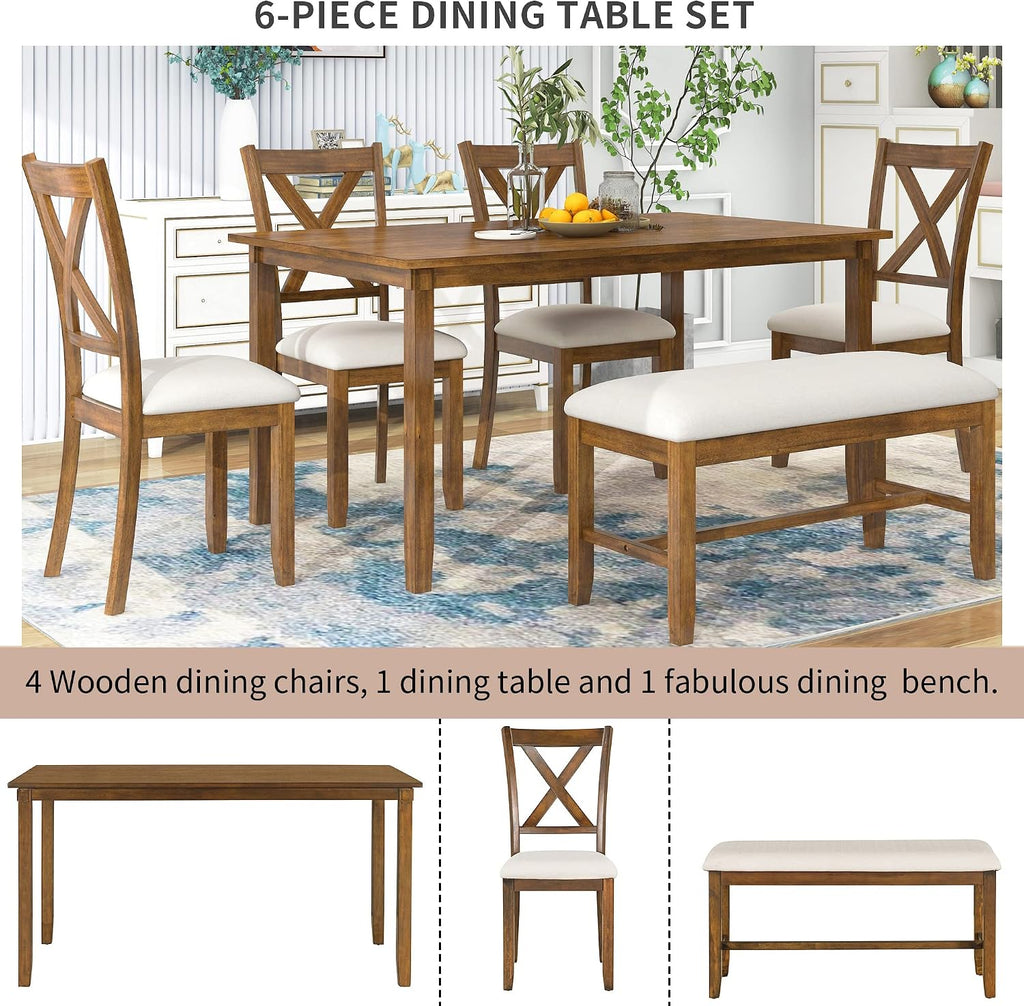 Harper & Bright Designs 6-Piece Dining Table Set, Dining Room Table Set with Wooden Rectangular Dining Table, 4 Dining Chair and Bench, Kitchen Dinette Set for 6 People (Natural Cherry)