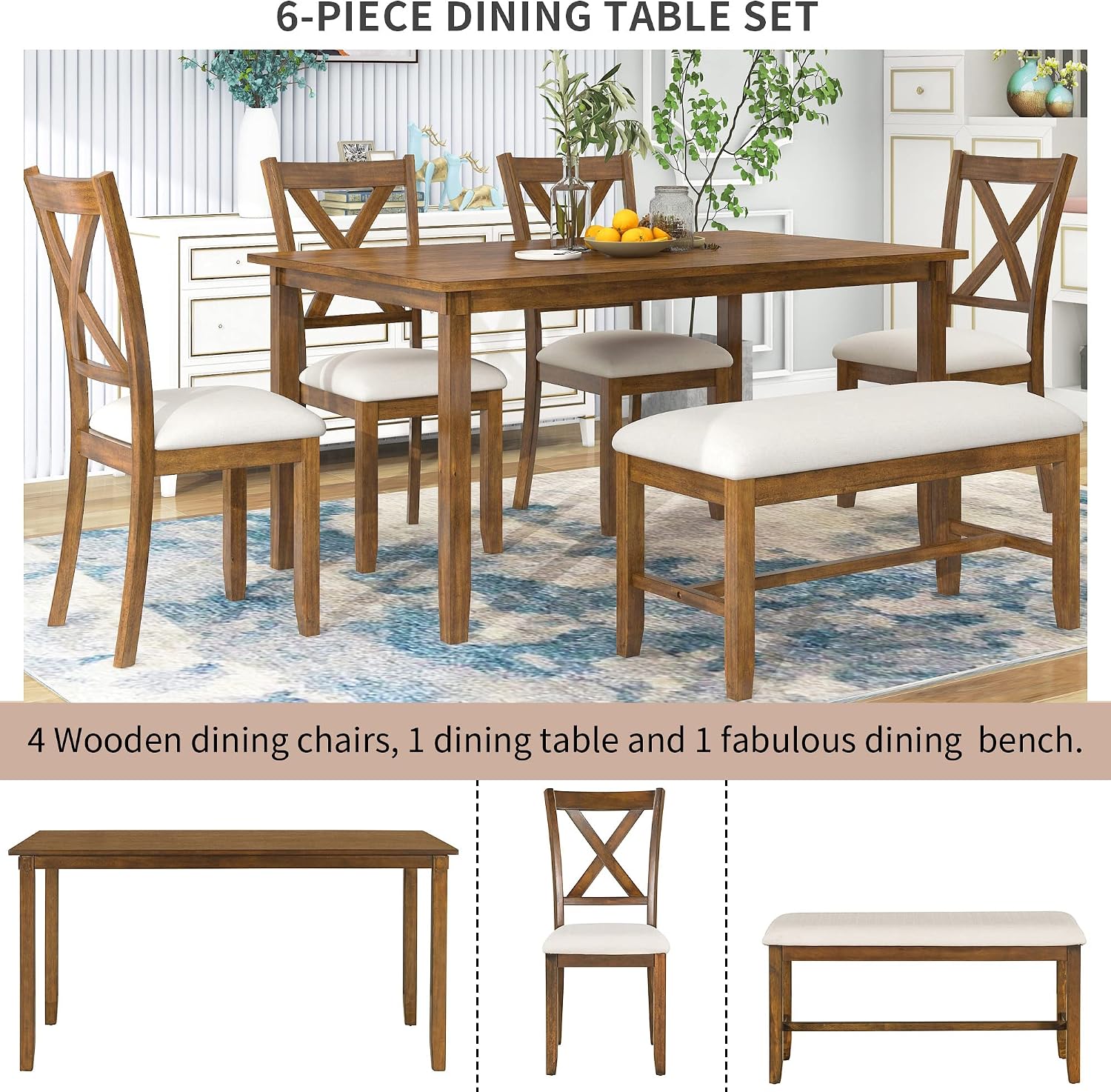 Harper & Bright Designs 6-Piece Dining Table Set, Dining Room Table Set with Wooden Rectangular Dining Table, 4 Dining Chair and Bench, Kitchen Dinette Set for 6 People (Natural Cherry)