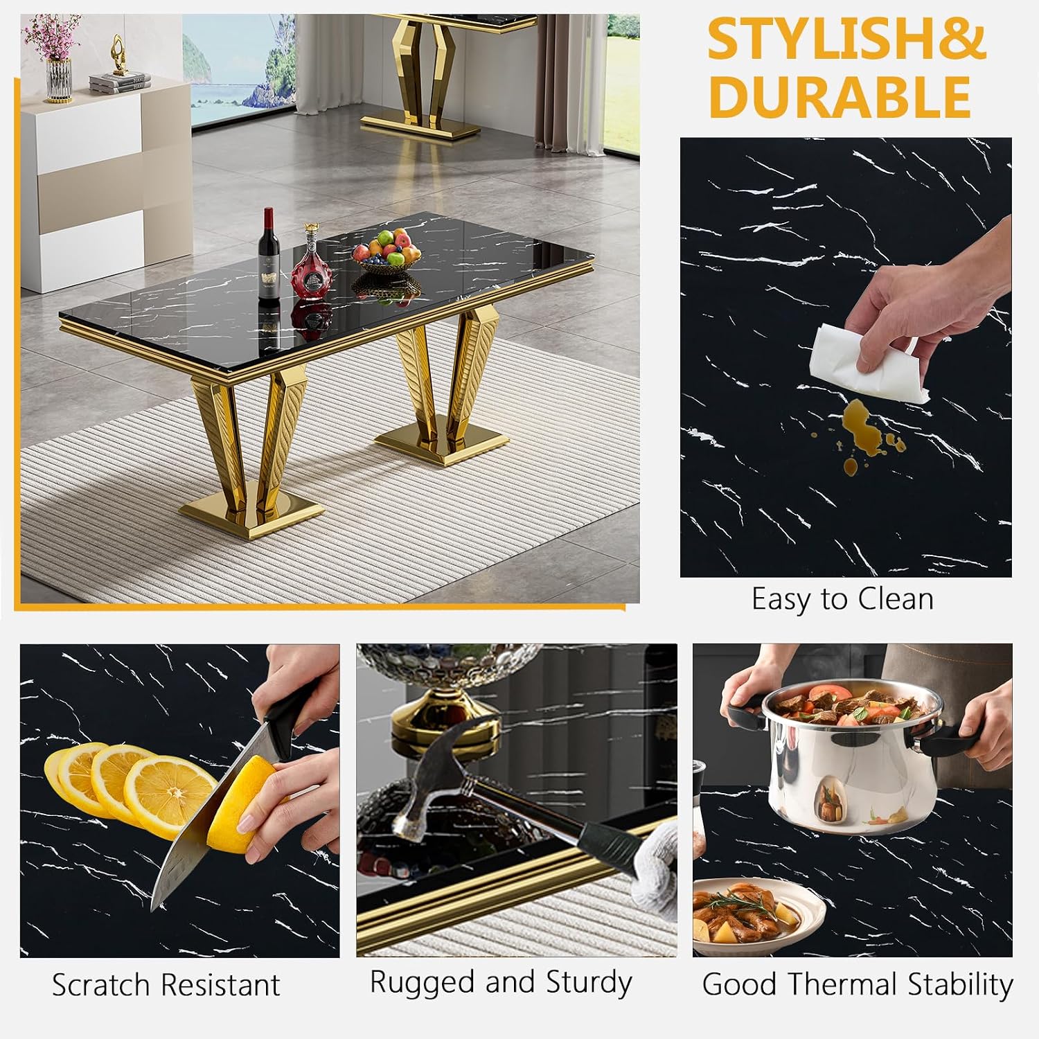 68' Luxury Rectangular Marble Dining Table for 4 to 6, Black Faux Marble Kitchen Table with Gold X Shape Stainless Steel Pedestal, Modern Kitchen Dining Room Table for Breakfast Dinette Dinner Party