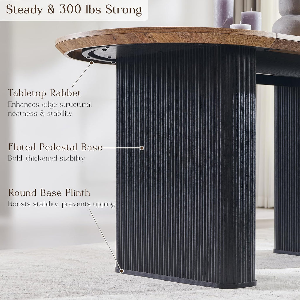 T4TREAM 63' Fluted Oval Dining Table for 4-6, Mid-Century Modern Kitchen Table with Thickened Edge & Strip Base, Wood Luxury Table for Dining Room/Kitchen/Home Office, Gold Brown&Black(Table Only)