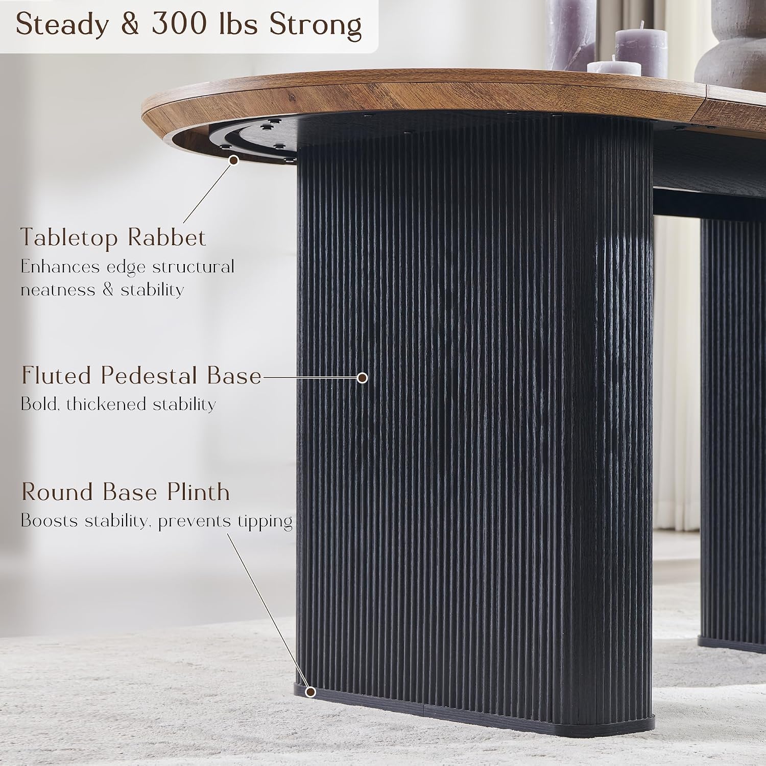 T4TREAM 63' Fluted Oval Dining Table for 4-6, Mid-Century Modern Kitchen Table with Thickened Edge & Strip Base, Wood Luxury Table for Dining Room/Kitchen/Home Office, Gold Brown&Black(Table Only)