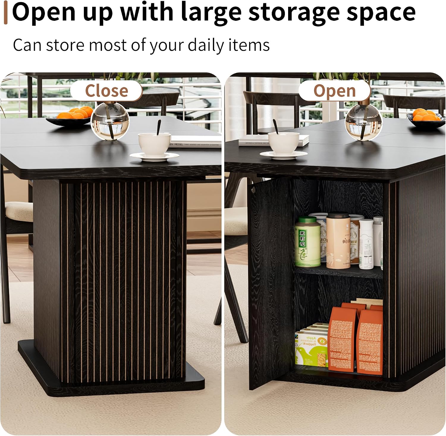 Extendable Black Kitchen Dining Table for 4-6, 47-65 Inch Rectangle Dining Room Table with 2 Doors, Large Storage, Wood Fluted Mid Century Modern Furniture for Dinner, Living Room, Space Saving