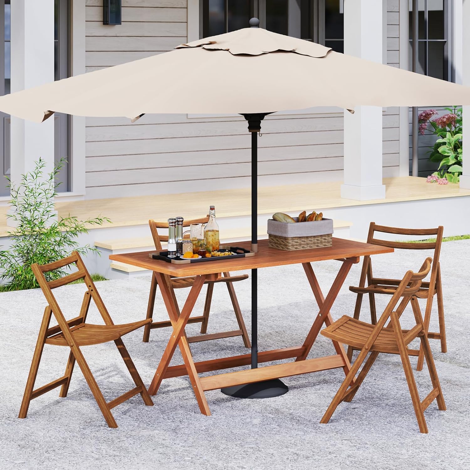 Tangkula 54.5-Inch Patio Dining Table, Solid Wood Outdoor Table with Teak Painting & 2' Umbrella Hole, Rectangular Outside Dining Table for Balcony, Deck, Porch, Backyard