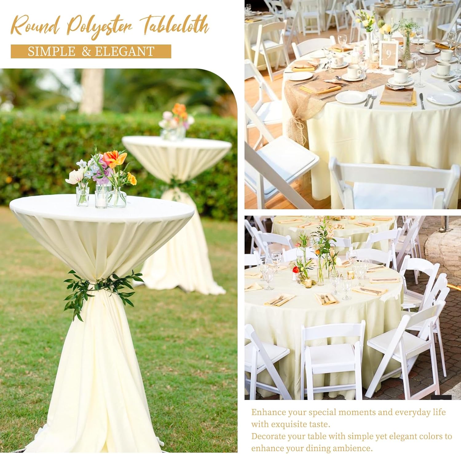 12 Pack Round Tablecloths - 120 Inch, Beige Polyester Table Cover for Round Table, Stain and Wrinkle Resistant Washable Fabric, Wedding Banquet Parties