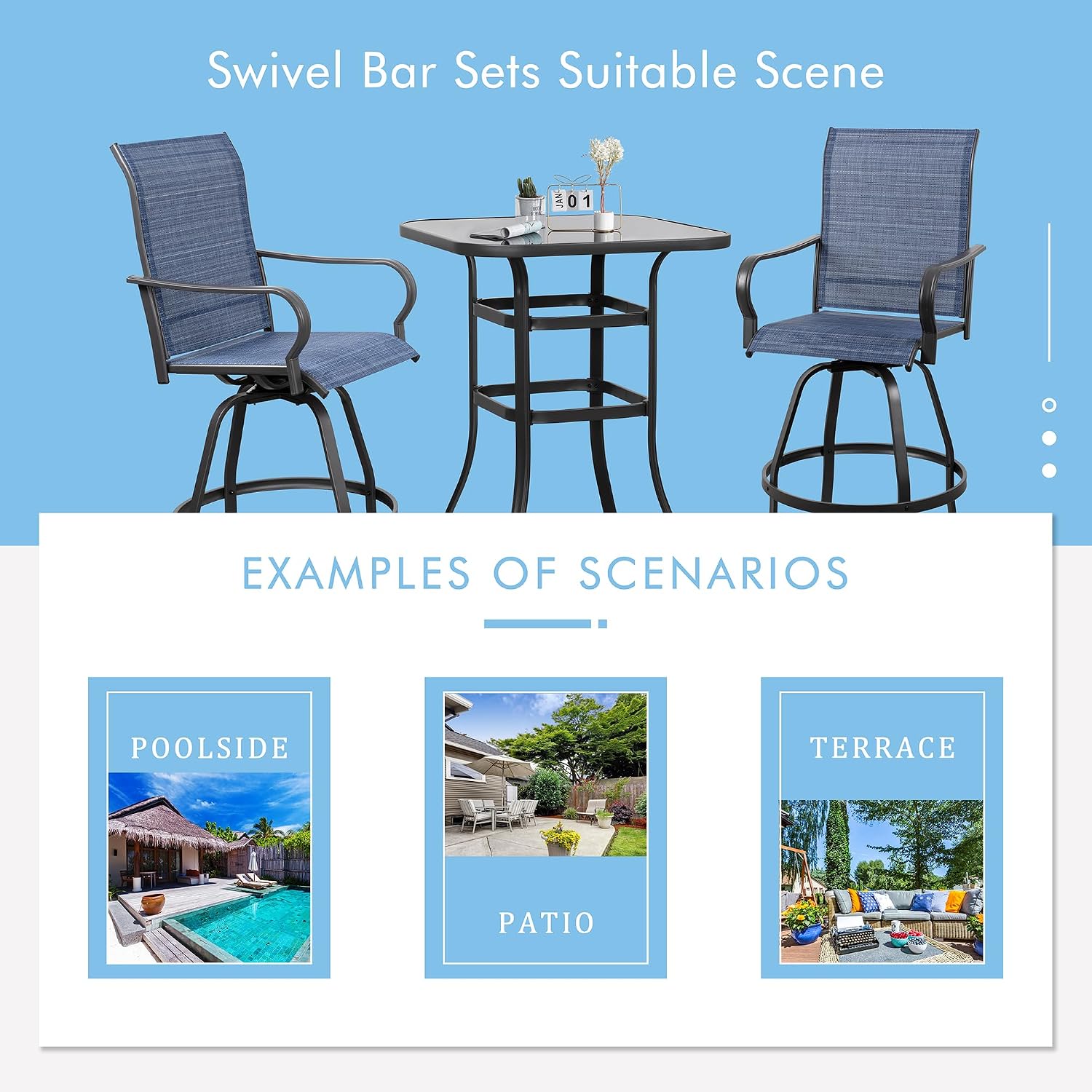 Shintenchi 3 Piece Patio Swivel Bar Stools Set, Outdoor Patio Bar Table and Chairs Set, All Weather Bar Height Chairs Set of 2, High Top Bistro Set Furniture for Balcony, Backyard, Garden, Deep Blue