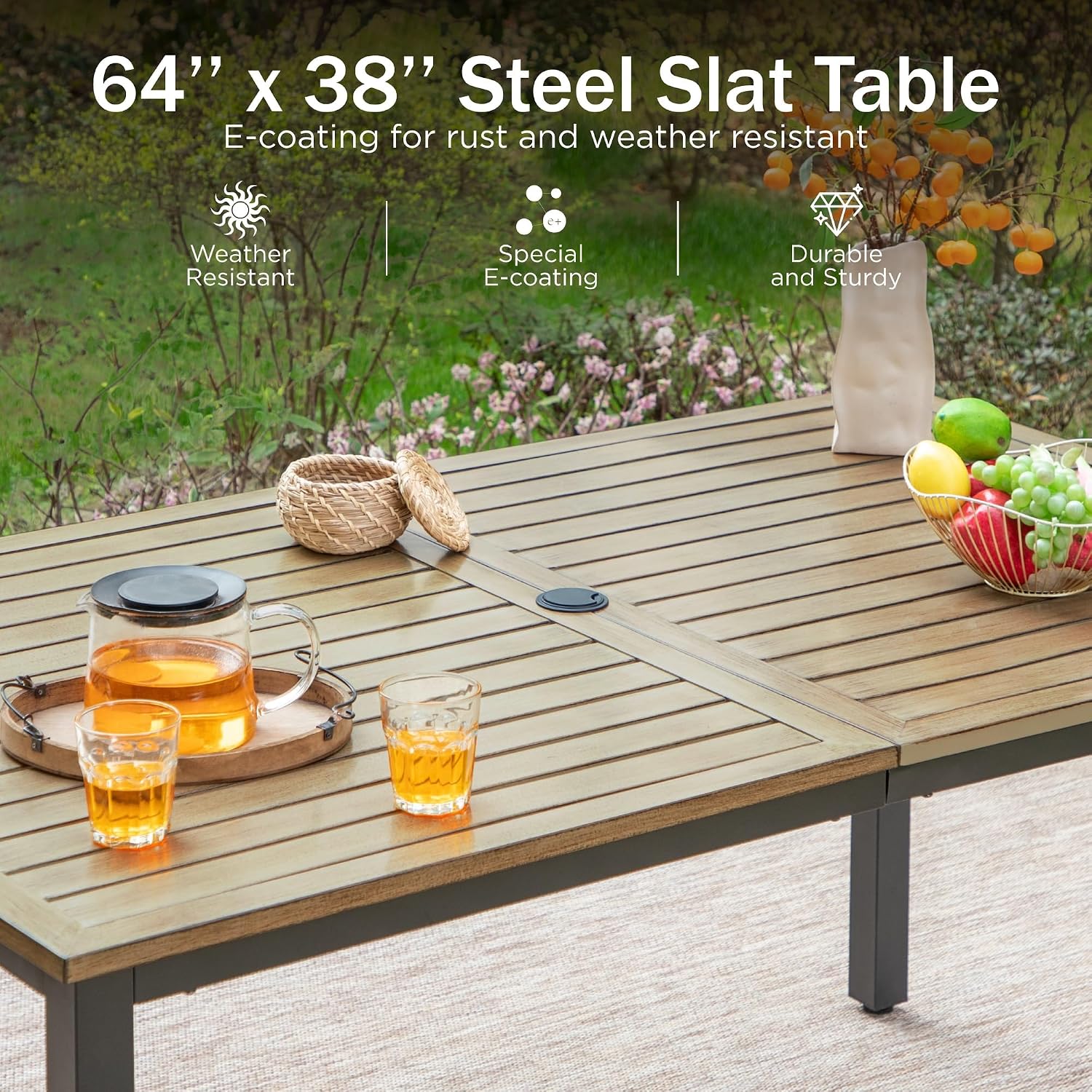 PHI VILLA 64' Rectangle Outdoor Dining Table, Patio Furniture Wood-Like Tabletop with Umbrella Hole for Patio Lawn Backyard Garden, Brown