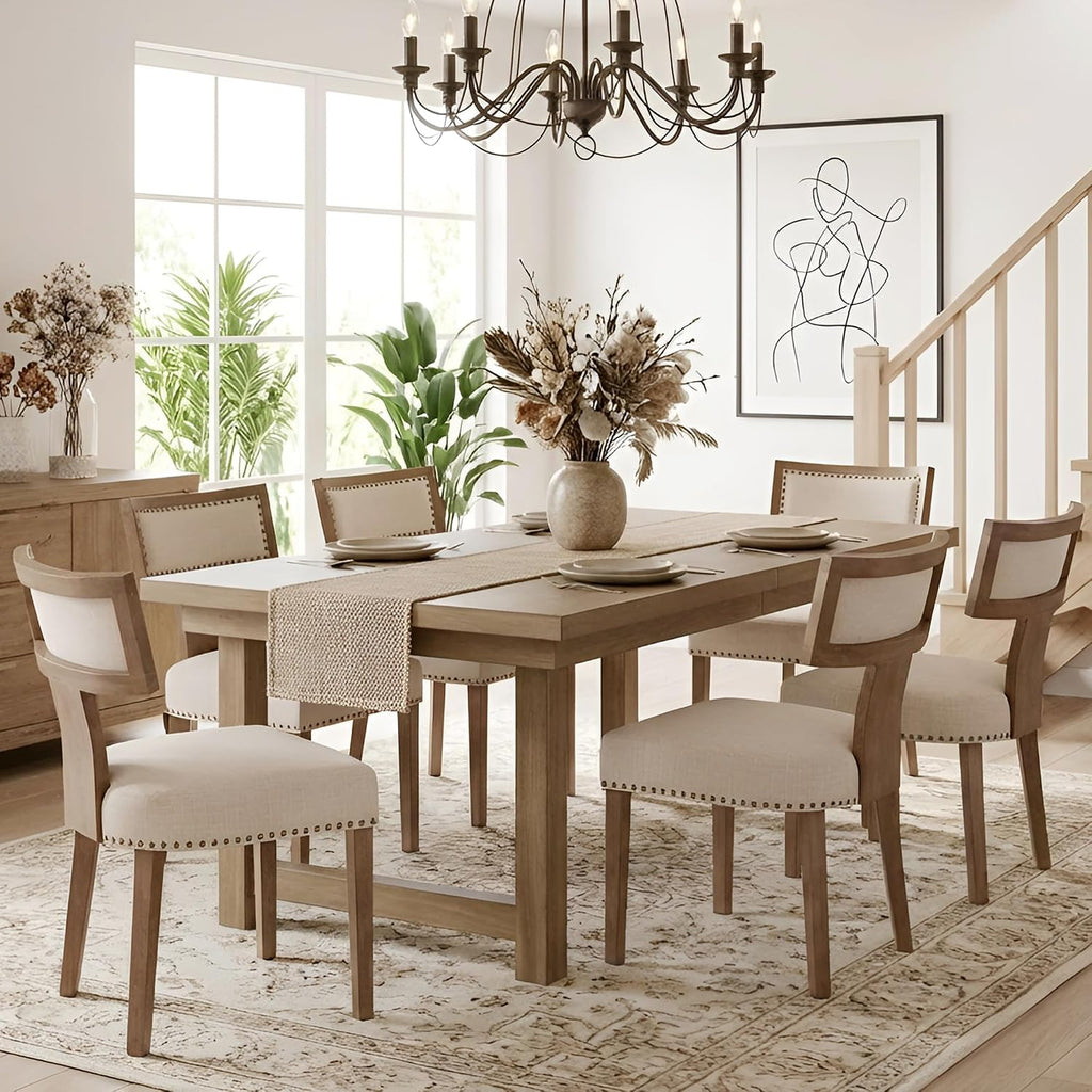 HNY Mid Century Modern Dining Chairs Set of 4, Farmhouse Linen Fabric Upholstered Accent Chairs Curved Nailhead Trim Backrest Kitchen Chairs, with Hardwood Frame, Beige