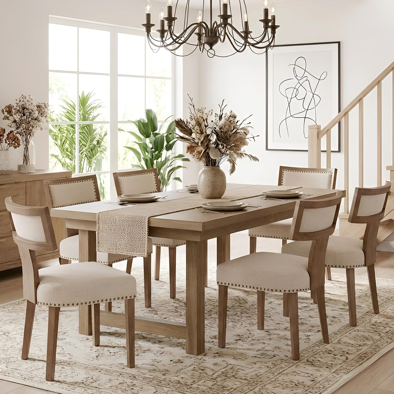 HNY Mid Century Modern Dining Chairs Set of 4, Farmhouse Linen Fabric Upholstered Accent Chairs Curved Nailhead Trim Backrest Kitchen Chairs, with Hardwood Frame, Beige