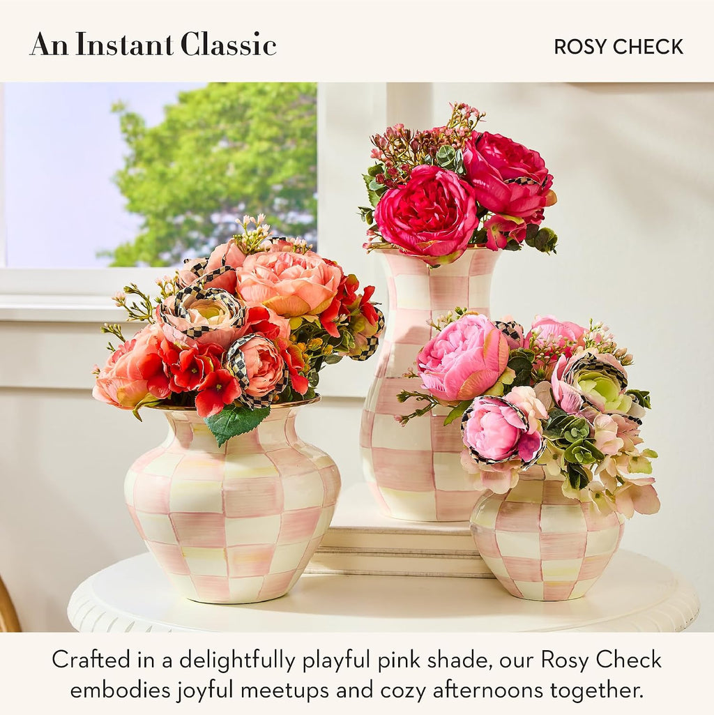 MACKENZIE-CHILDS Pedestal Vase, Decorative Centerpiece and Flower Holder, Pink-and-White Rosy Check