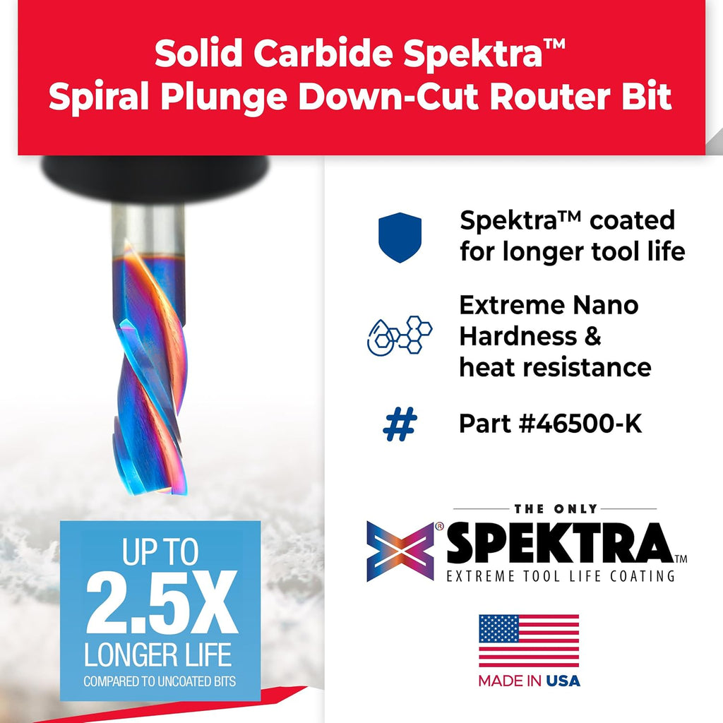 Amana Tool 46500-K SC Spektra Extreme Tool Life Coated Spiral Plunge 3/4 Dia x 1-5/8 CH x 3/4 SHK 4 Inch Long Down-Cut 3 Flute Router Bit